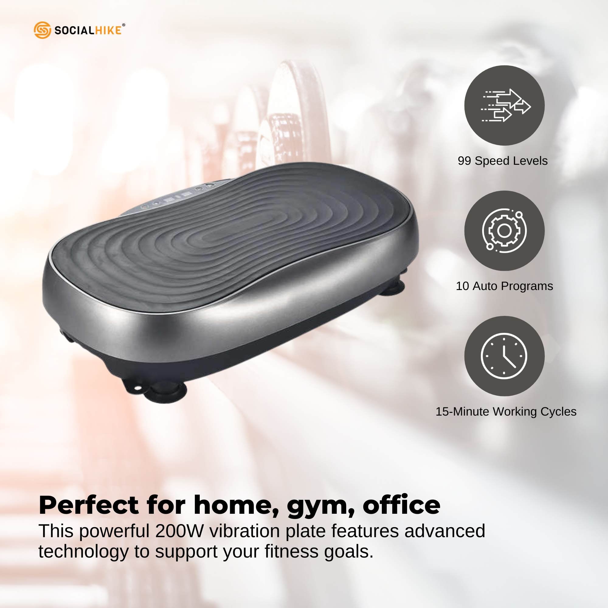 Social Hike 55cm Vibration Plate Machine Full Body Exercise Platform 200W Grey