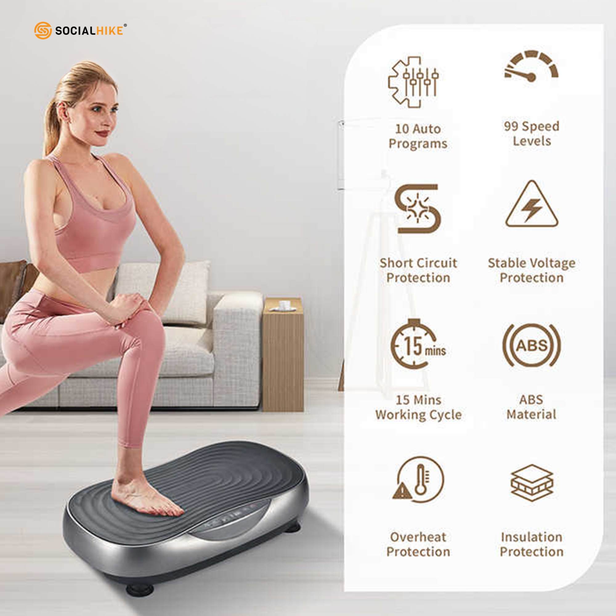 Social Hike 55cm Vibration Plate Machine Full Body Exercise Platform 200W Grey