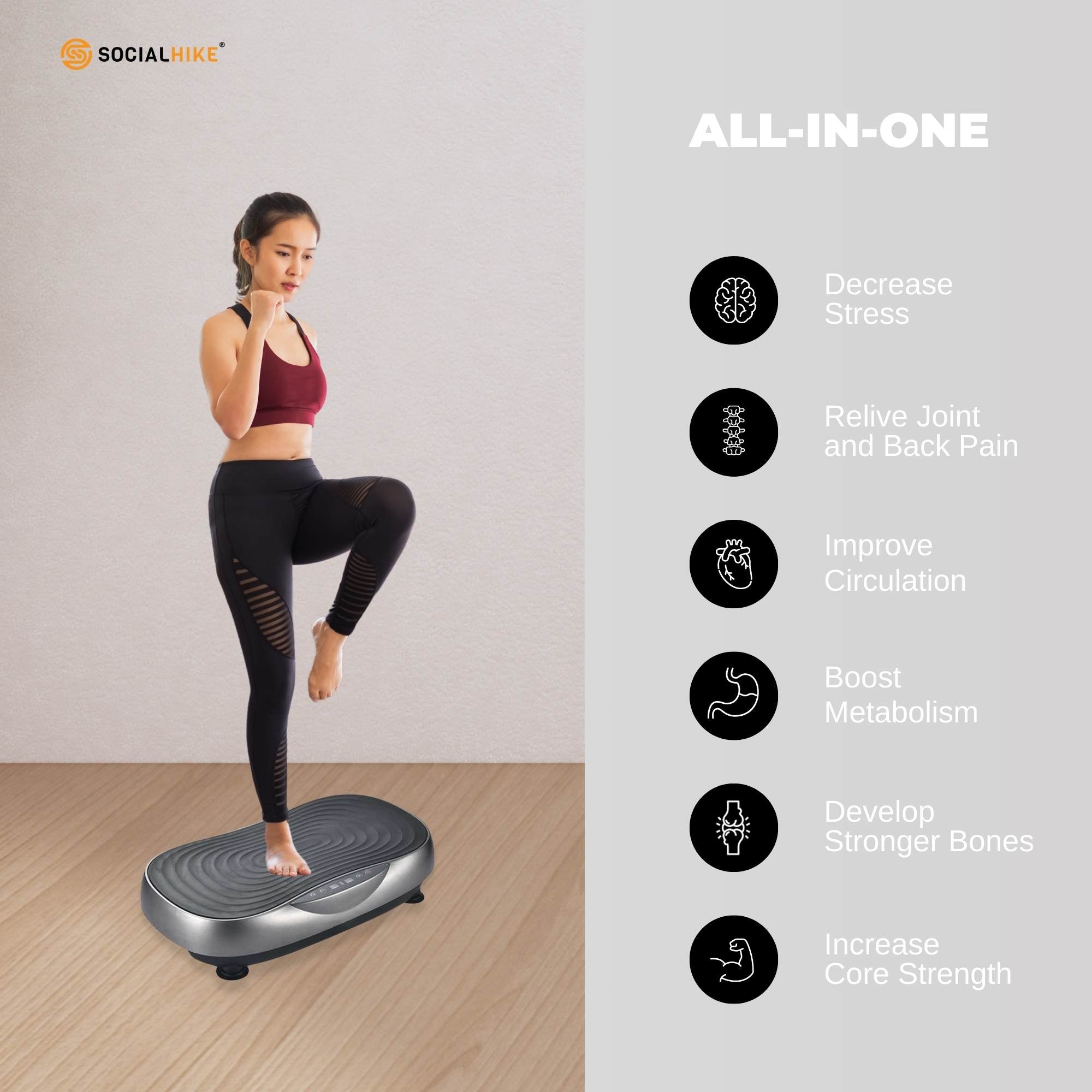 Social Hike 55cm Vibration Plate Machine Full Body Exercise Platform 200W Grey