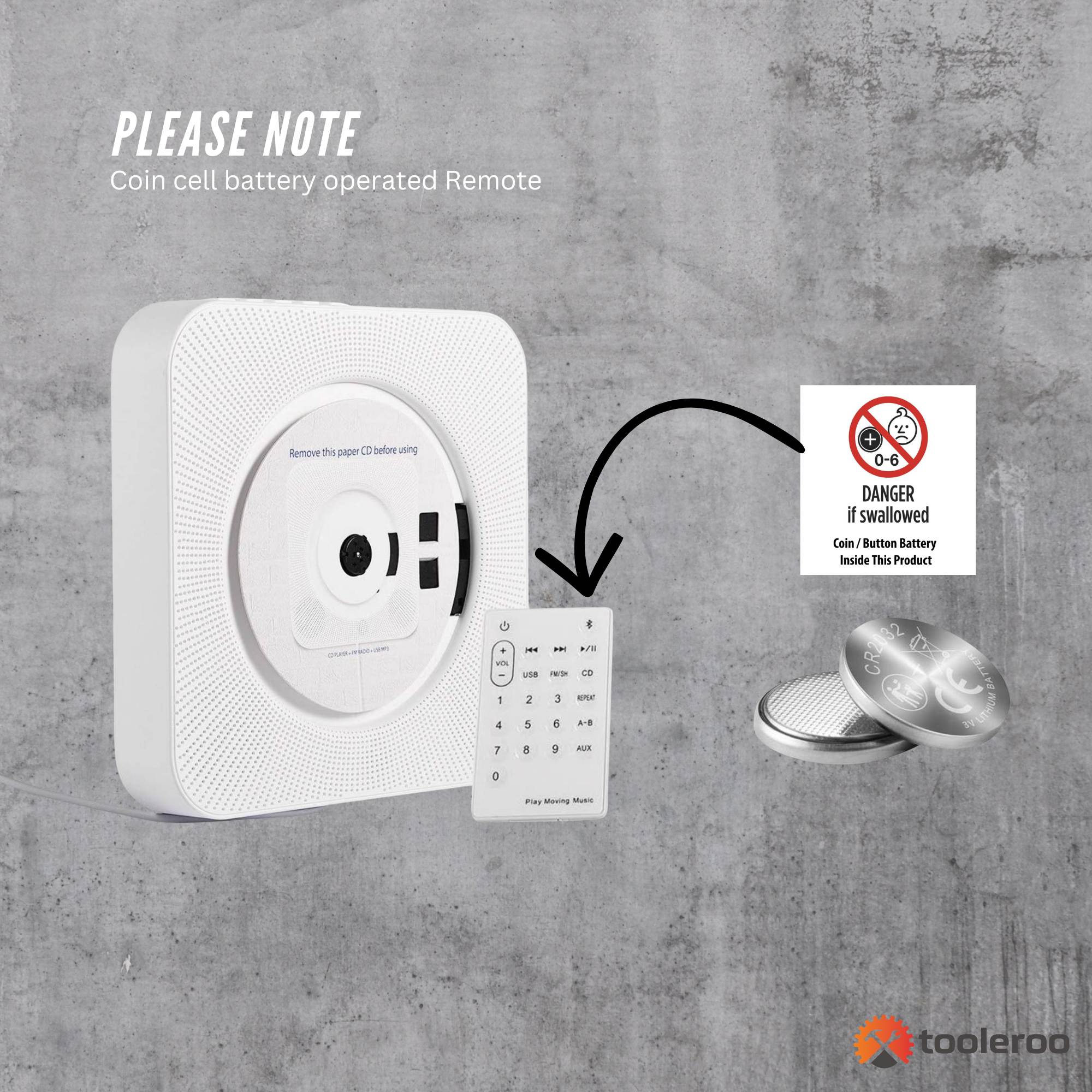 Tooleroo Wall Mountable CD Player Speaker - Bluetooth HiFi FM Radio White