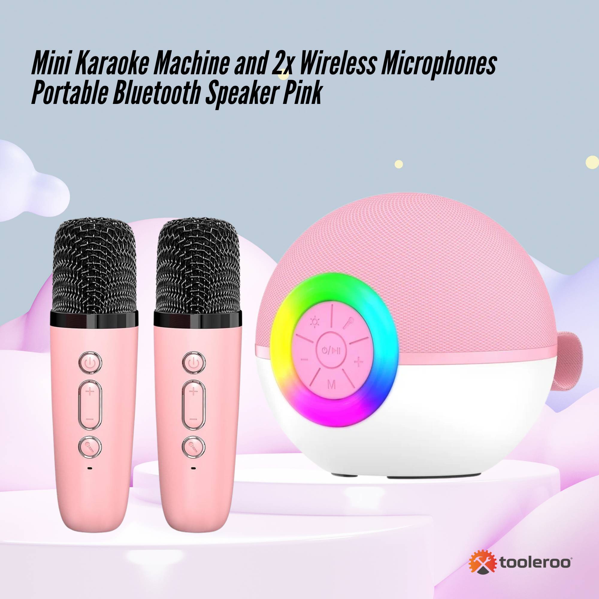 Mini Karaoke Machine and 2x Wireless Microphones Portable Bluetooth Speaker Pink