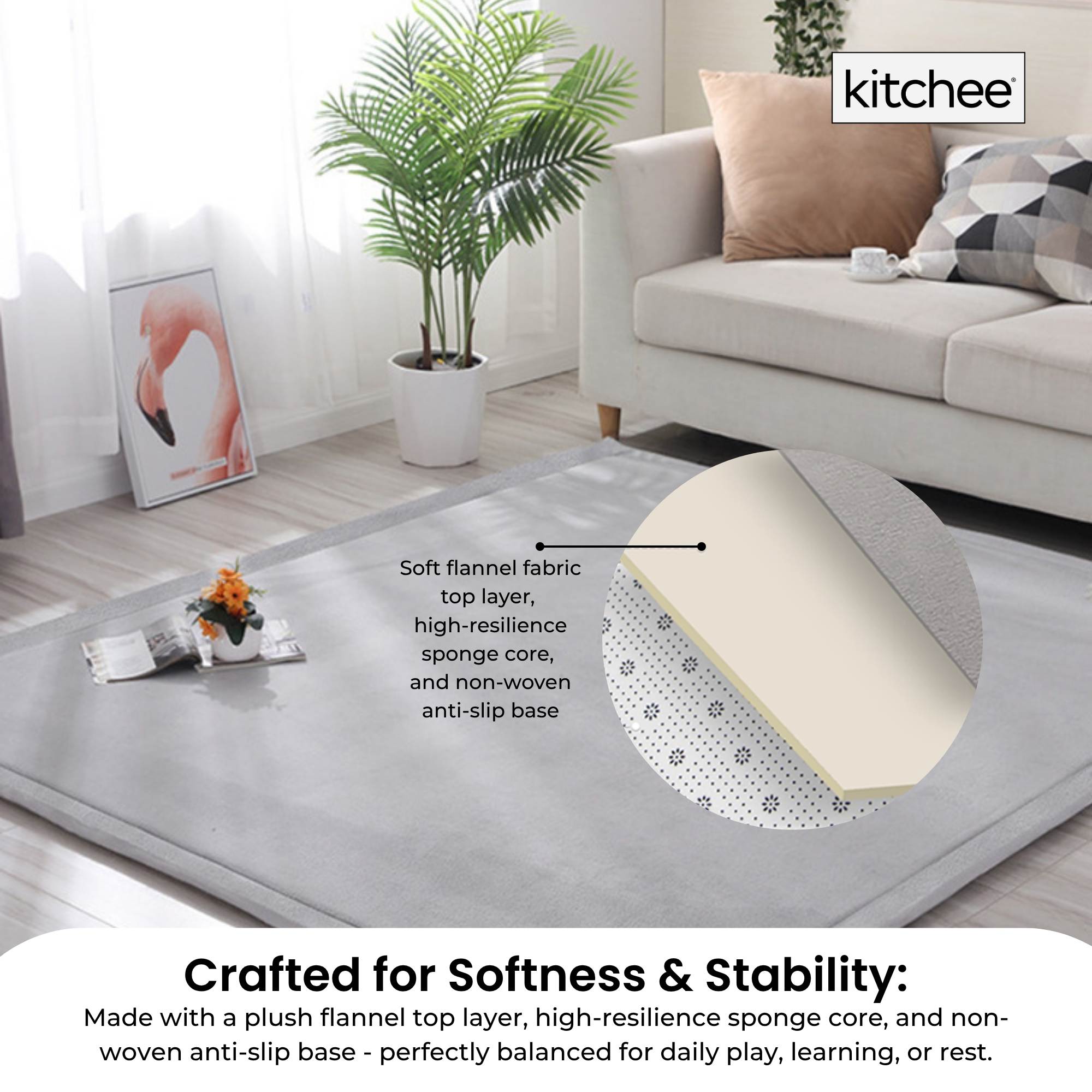 Kitchee Foam Floor Mat 200x200cm - Padded Thick Deep Soft Tatami Style Rug Grey