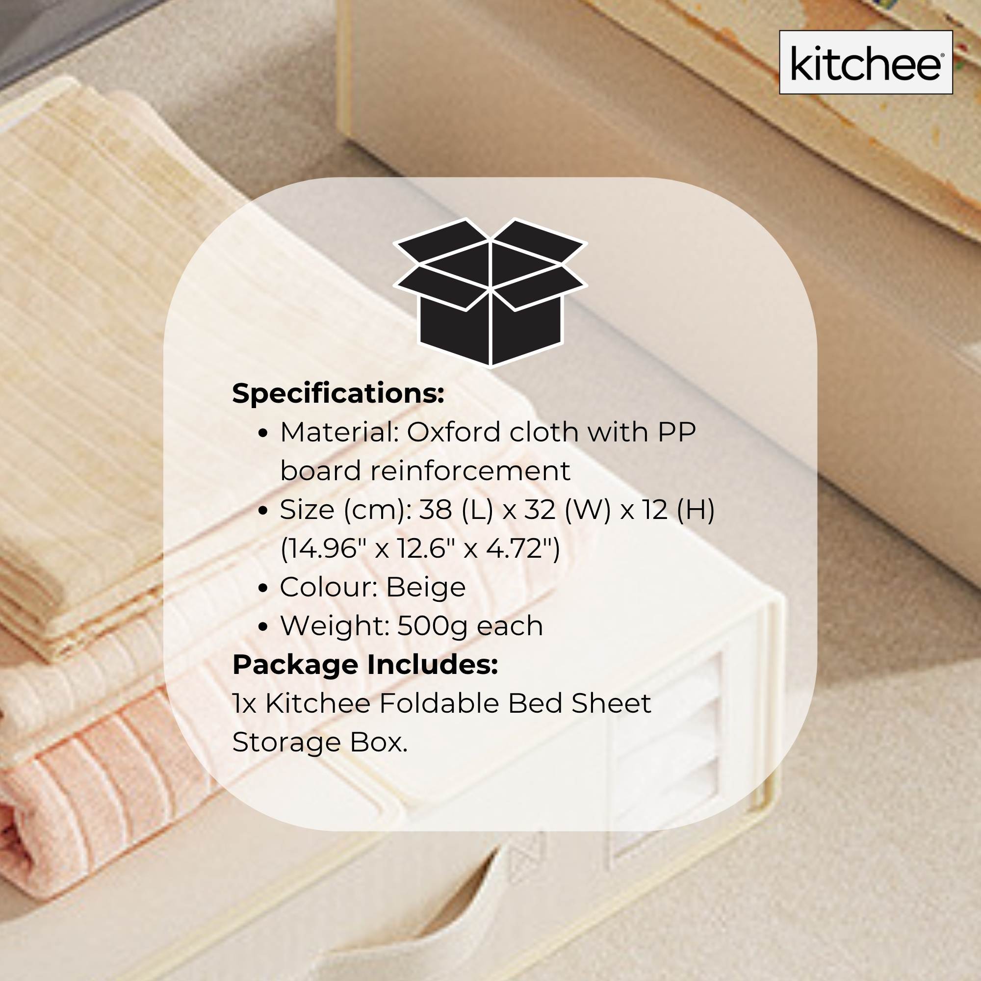 1x Kitchee Foldable Bed Sheet Storage Box - Linen and Closet Organiser Beige