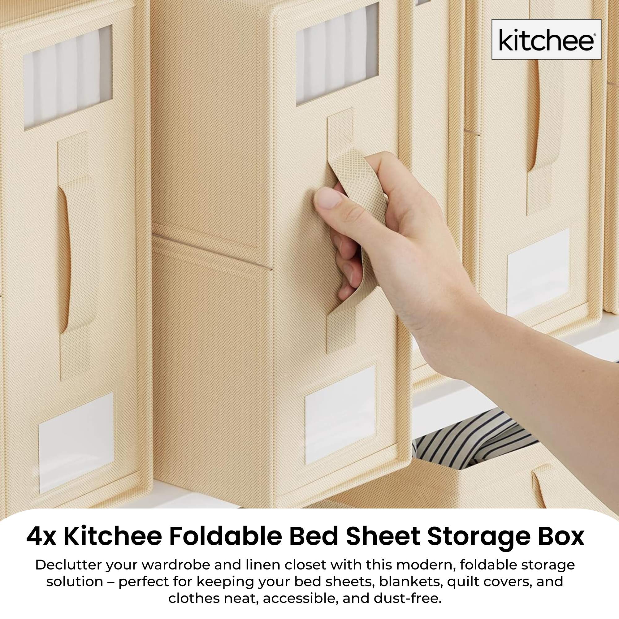 Clothing & Wardrobe Storage: 4x Kitchee Foldable Bed Sheet Storage Box - Linen and Closet Organiser Beige