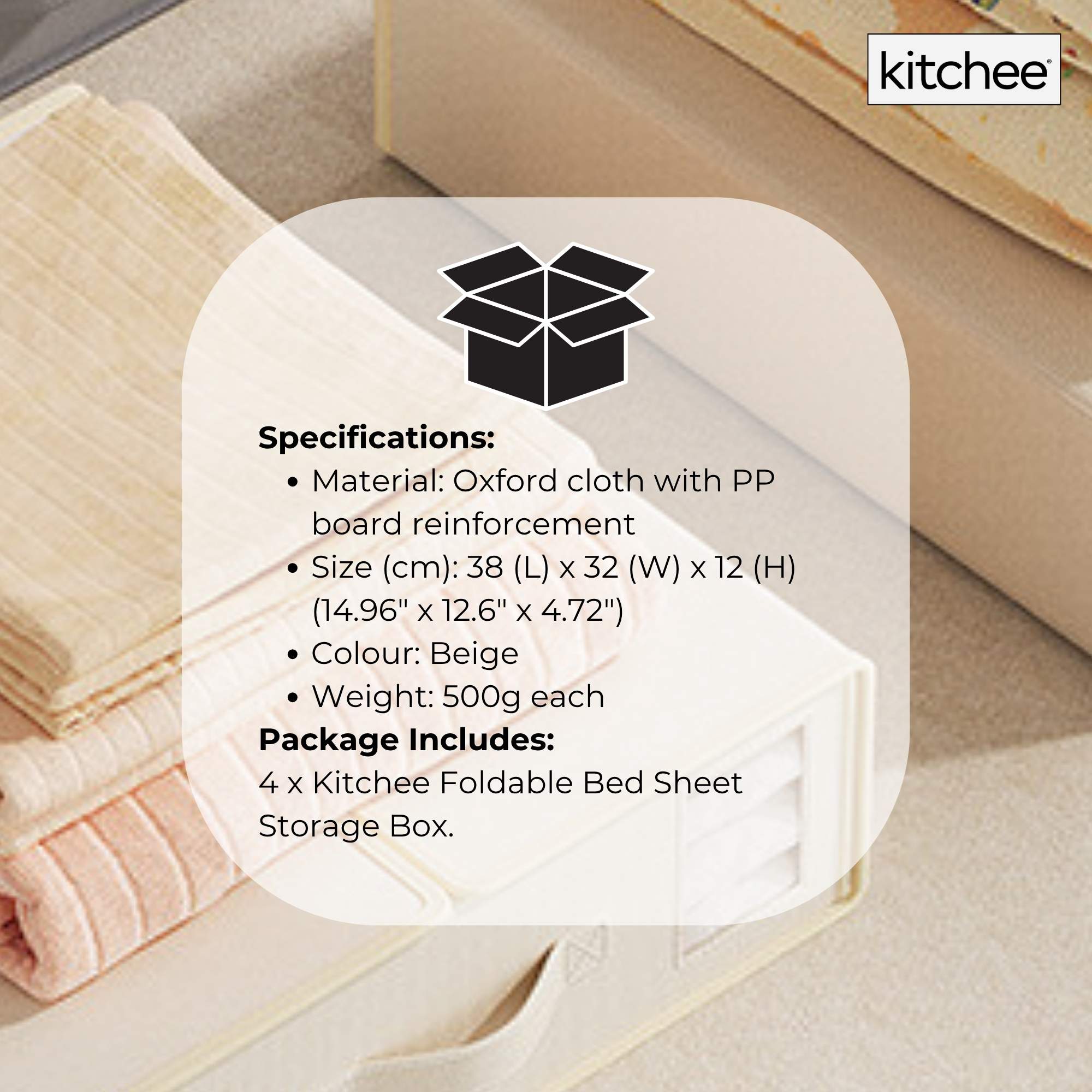 Clothing & Wardrobe Storage: 4x Kitchee Foldable Bed Sheet Storage Box - Linen and Closet Organiser Beige