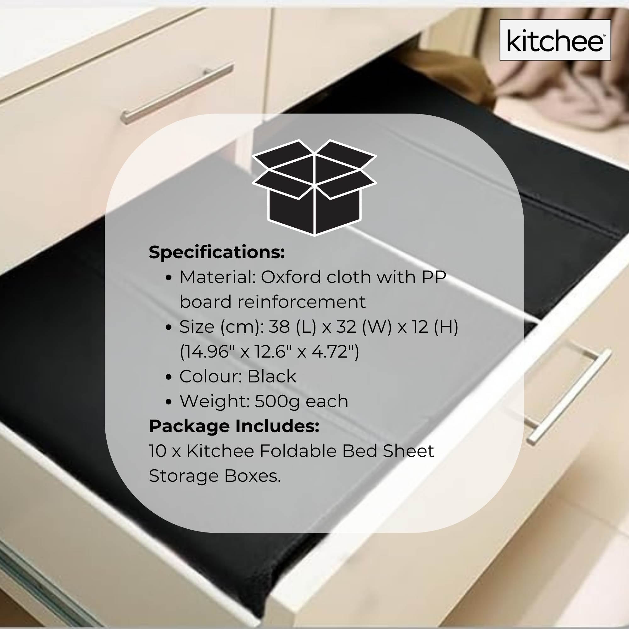 10x Kitchee Foldable Bed Sheet Storage Box - Linen and Closet Organiser Black