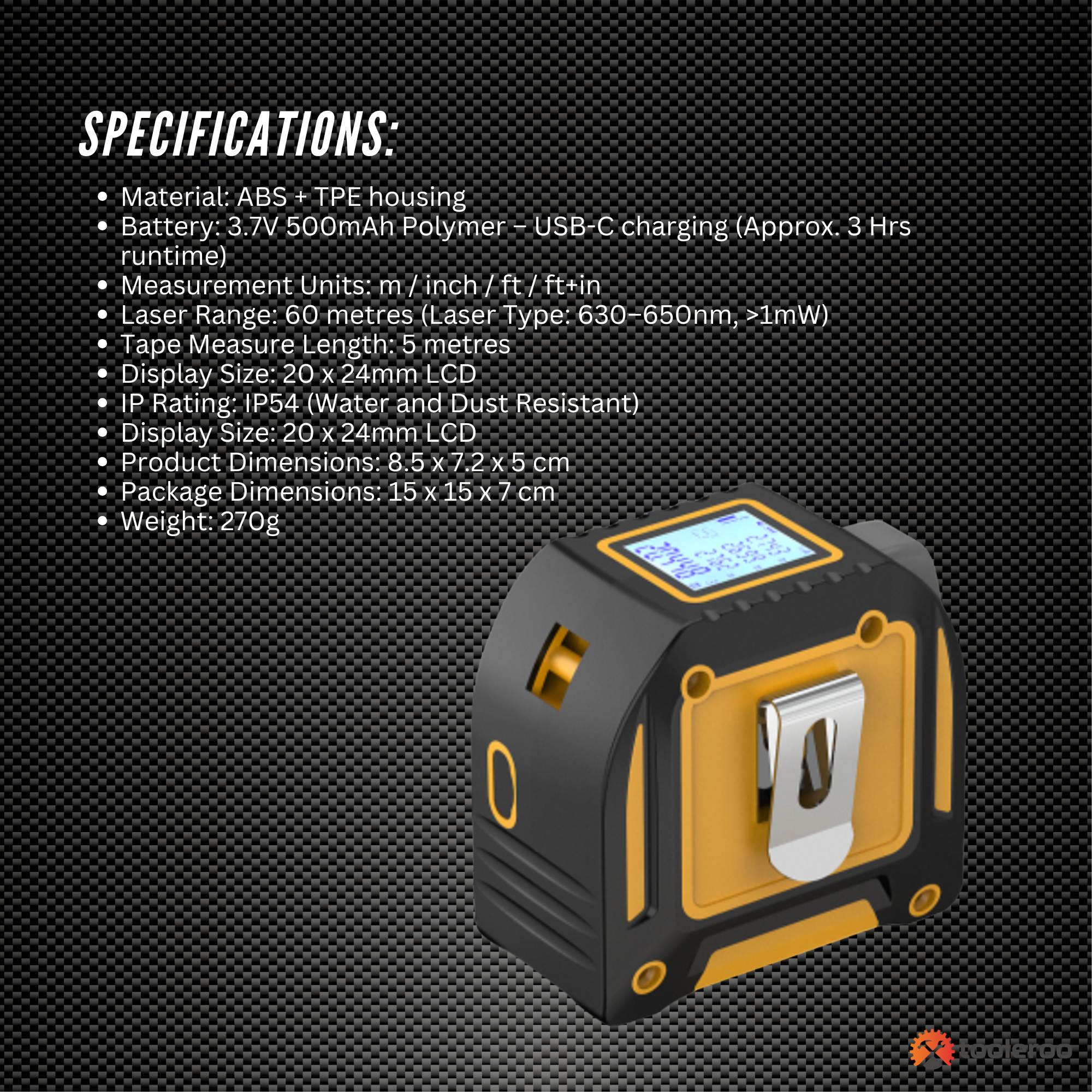 Tooleroo 60m Digital Laser Tape Measure + 5m Steel Tape – 3-in-1 Cross Marking