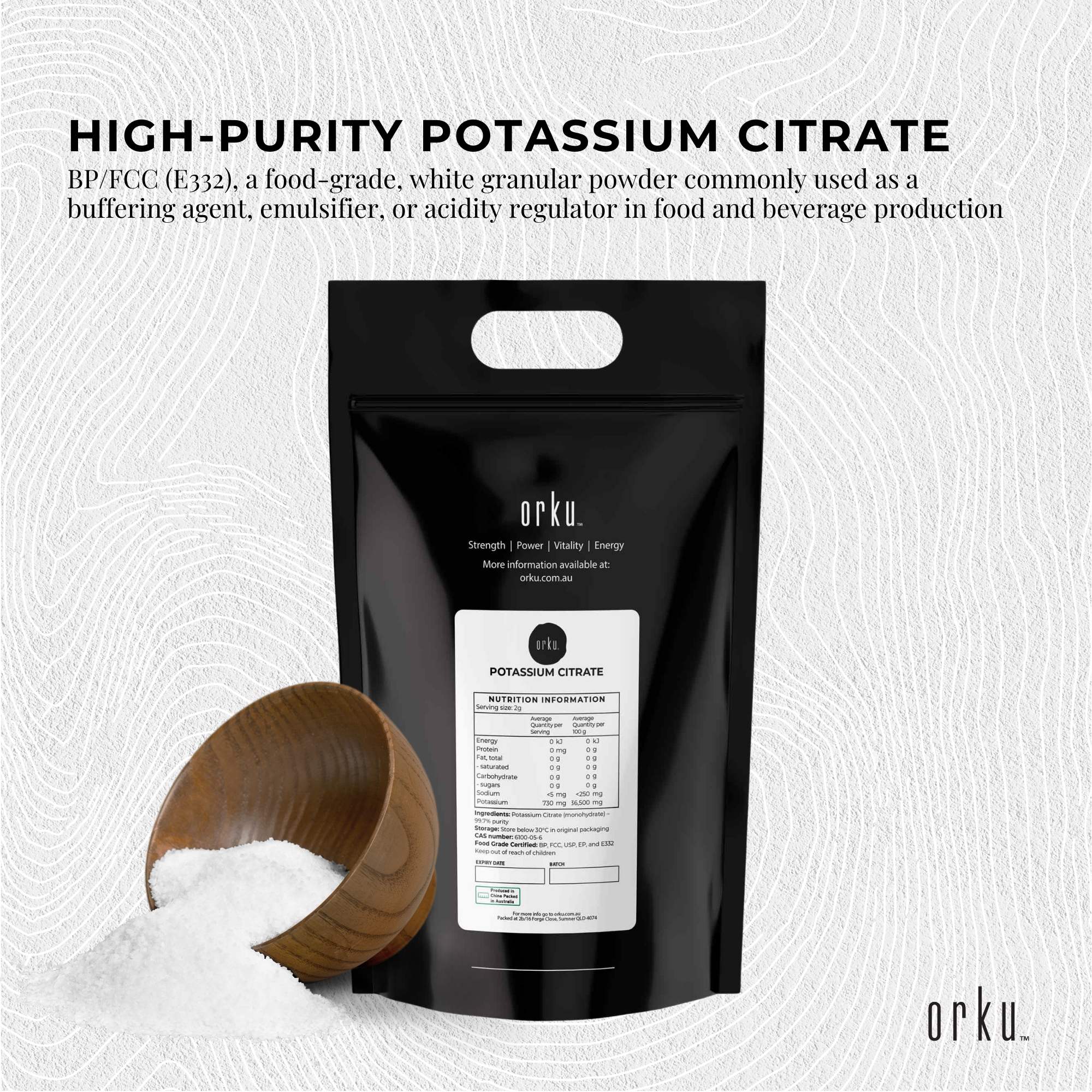 Orku 20Kg Potassium Citrate Food Grade - Granular BP USP FCC E332 Additive