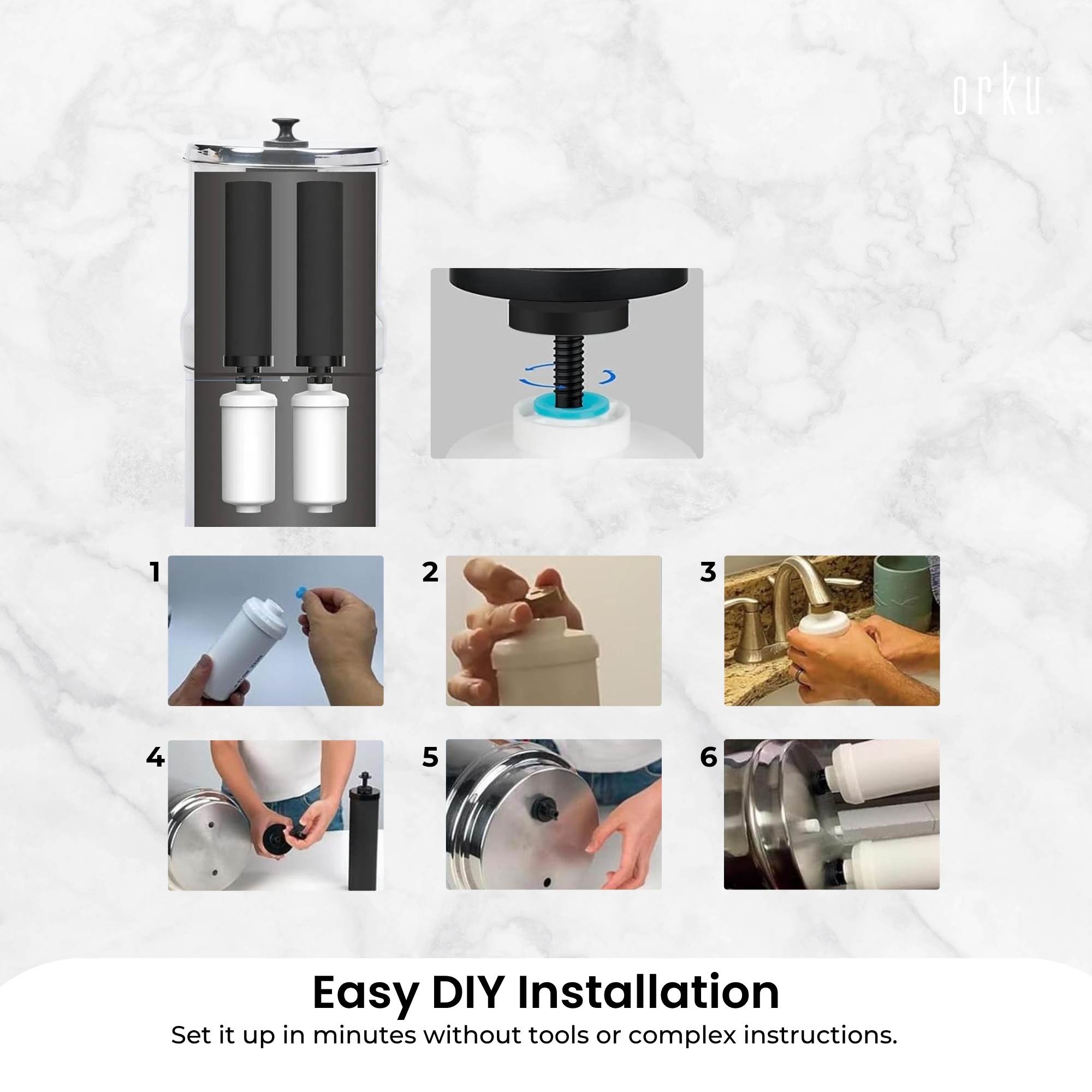 Orku 23L Gravity Benchtop Water Filter System with Gauge - Stainless Steel