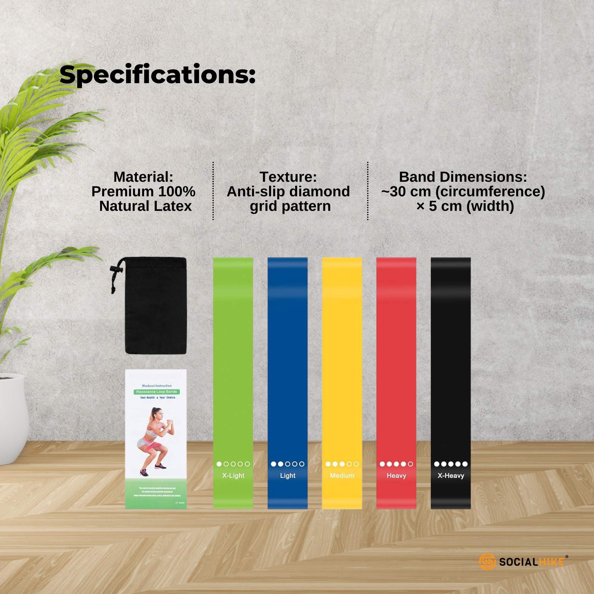 Yoga & Pilates: Social Hike Resistance Bands 5-Pack  Anti-Slip Latex Workout Loops 2.318.1kg