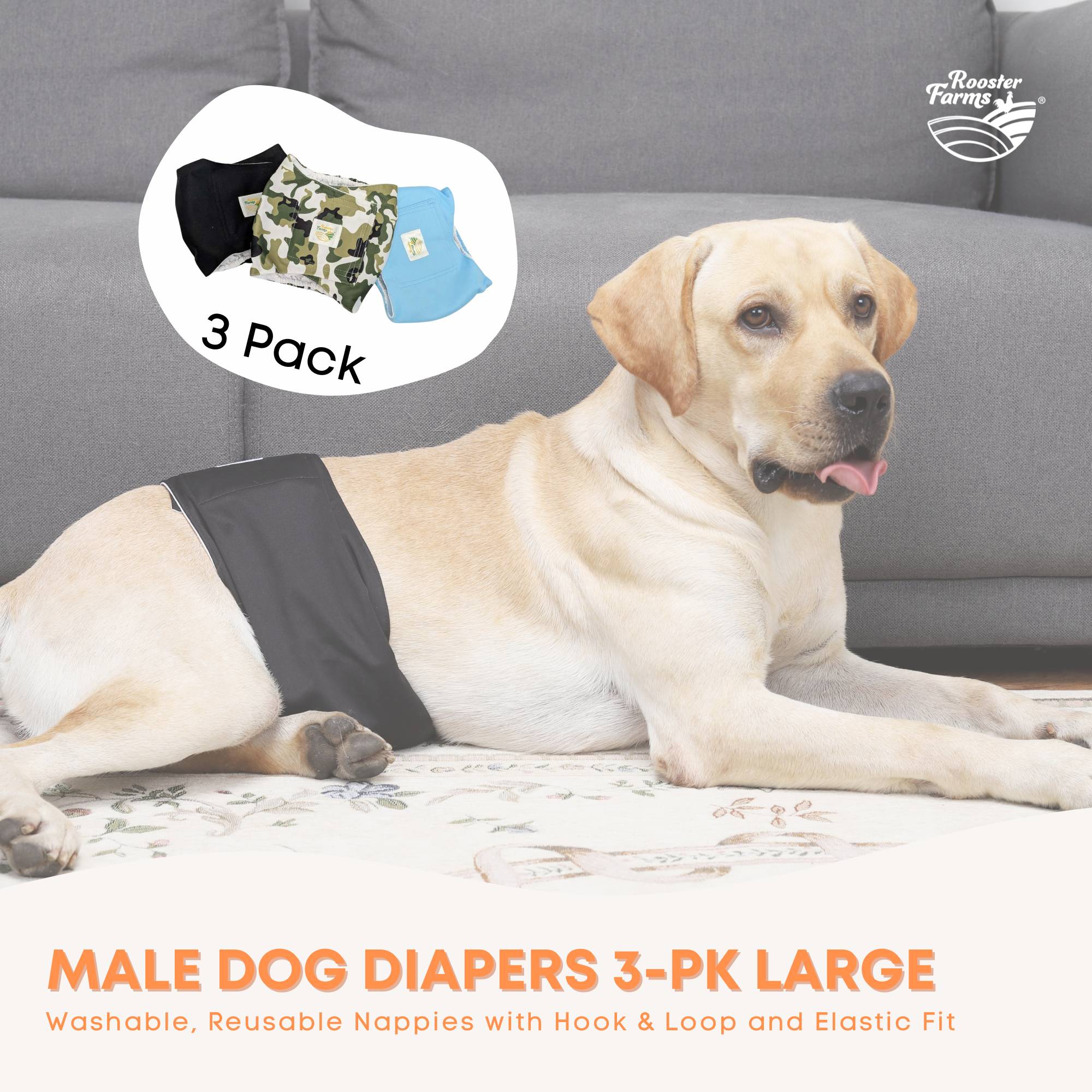 Dog Apparel: Rooster Farms Male Dog Diapers Large 3Pk - Washable Reusable Nappies Hook/Loop
