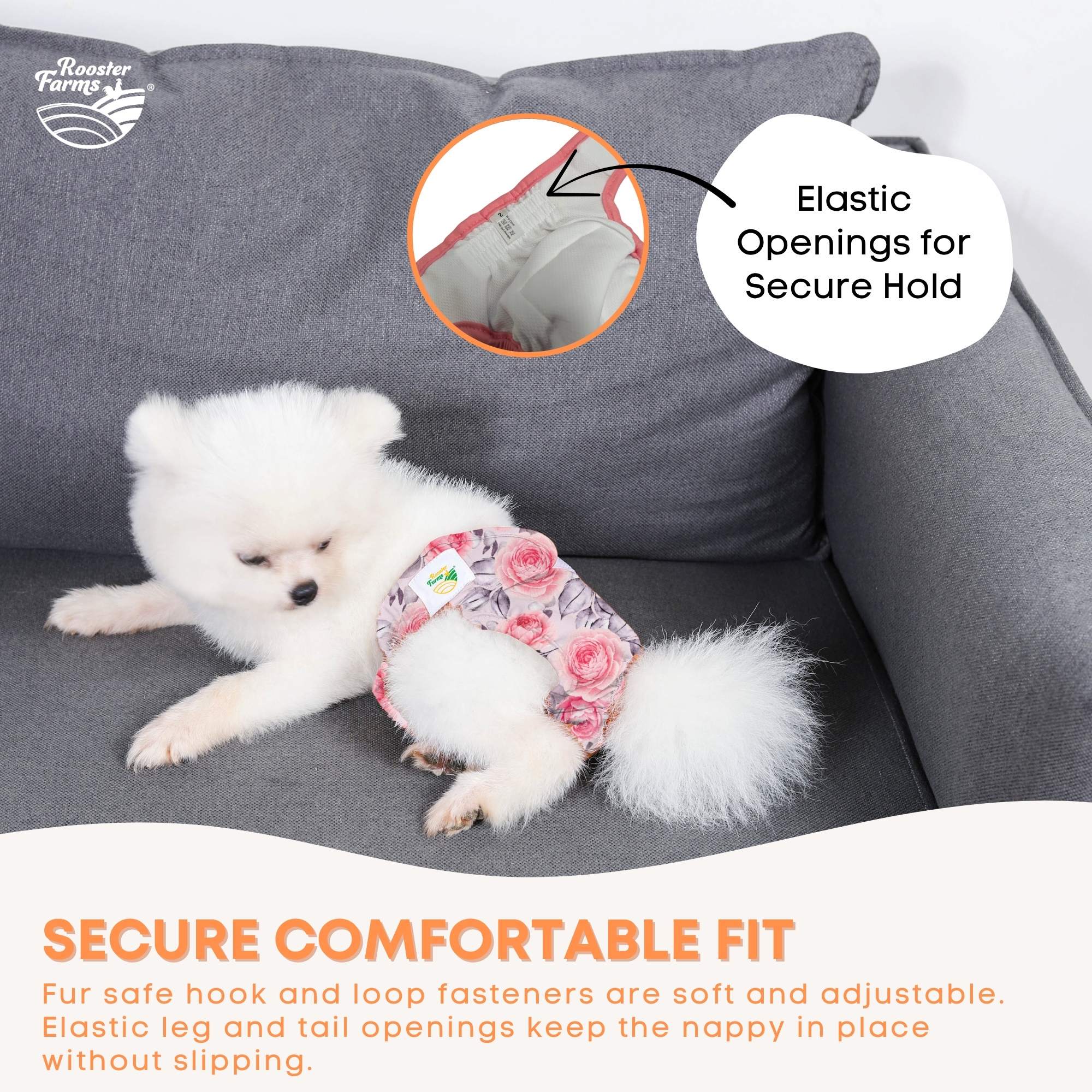 Dog Apparel: Rooster Farms Female Dog Diapers Large 3Pk - Washable Reusable Nappies Hook/Loop