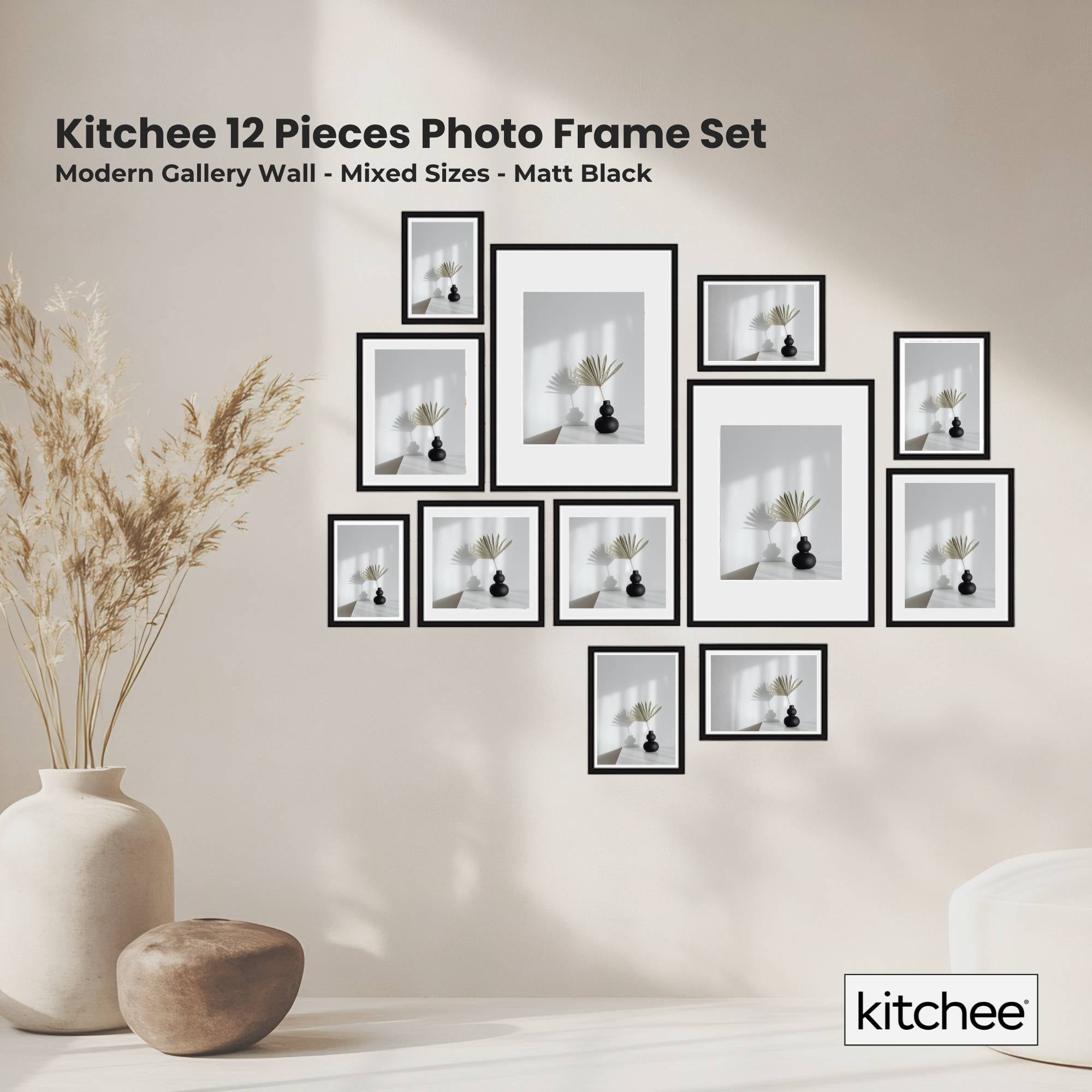 Picture Frames: Kitchee 12 Pieces Photo Frame Set - Modern Gallery Wall Mixed Sizes Matt Black
