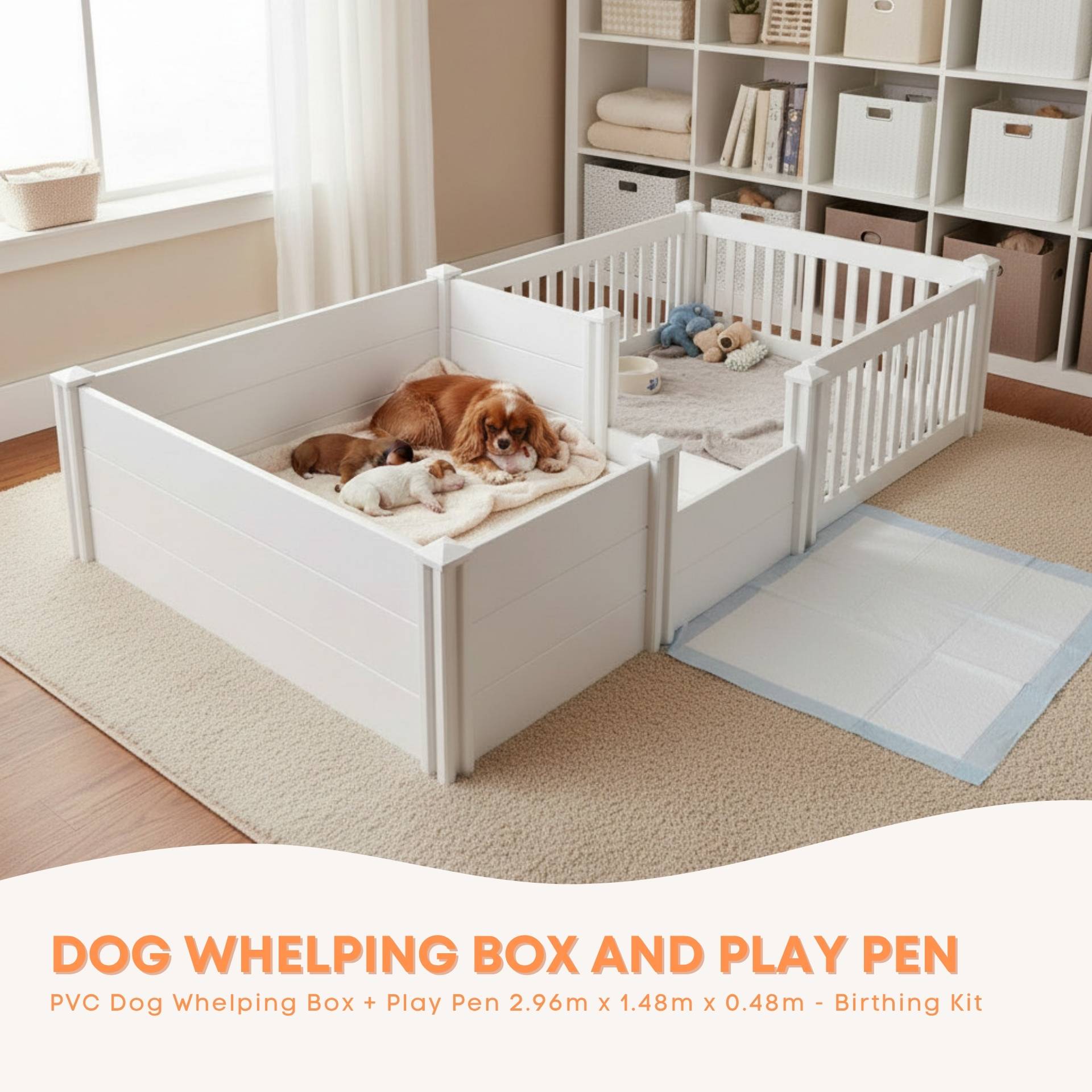 Rooster Farms 2.96m x 1.48m PVC Dog Whelping Box + Playpen Kit - Anti-Crush Rail