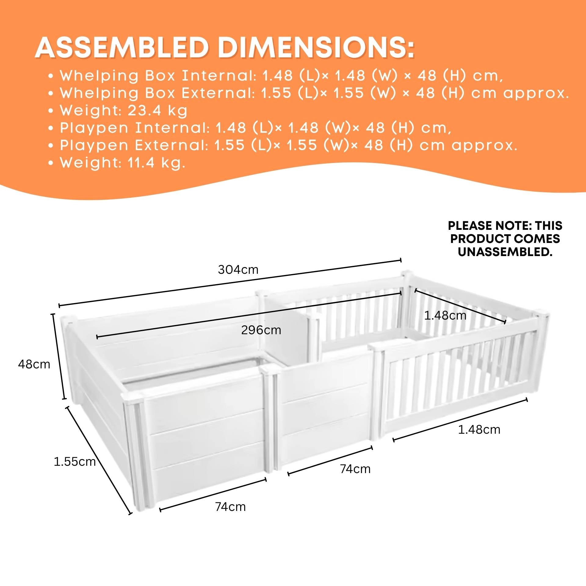 Rooster Farms 2.96m x 1.48m PVC Dog Whelping Box + Playpen Kit - Anti-Crush Rail