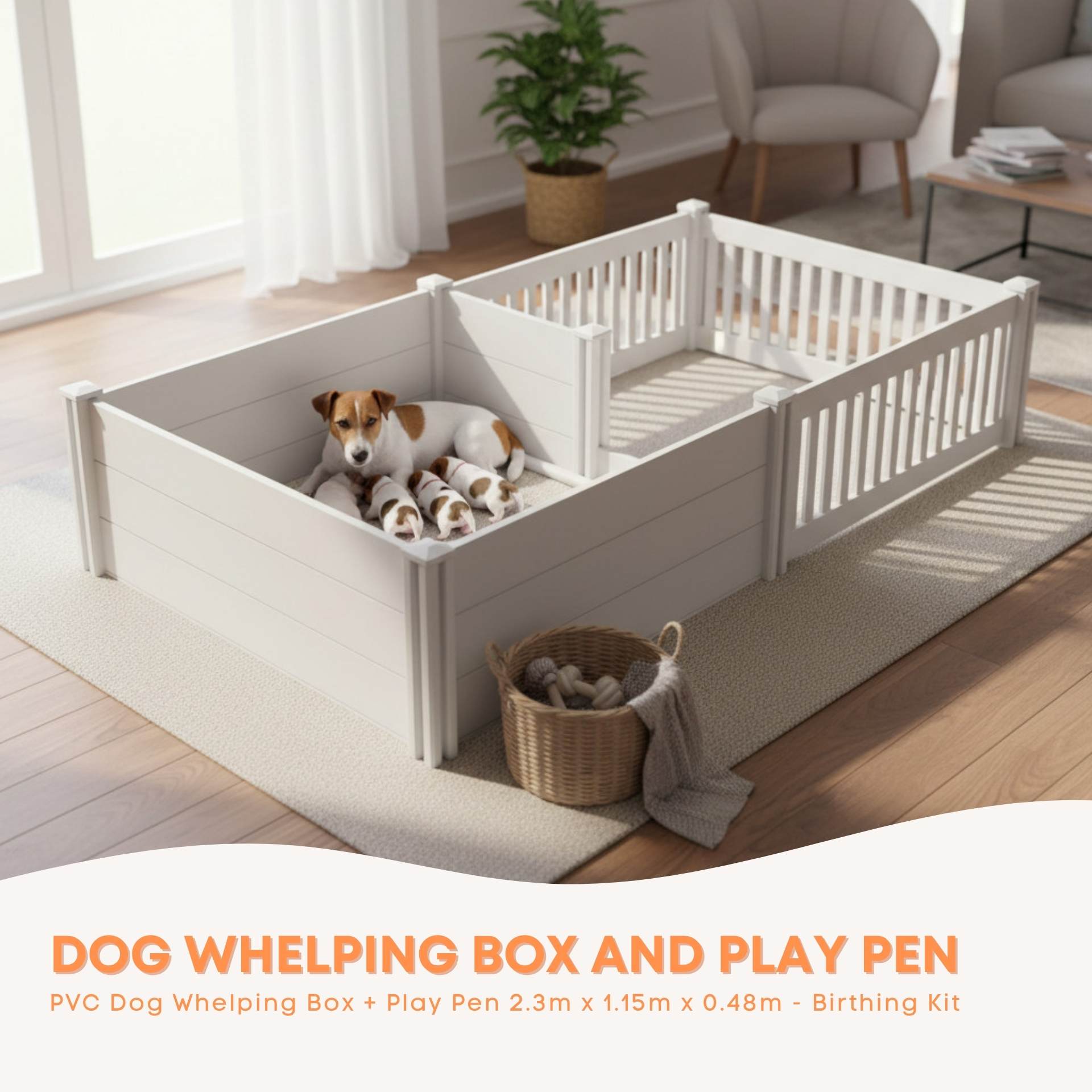Rooster Farms 2.3m x 1.15m PVC Dog Whelping Box + Playpen Kit - Anti-Crush Rail