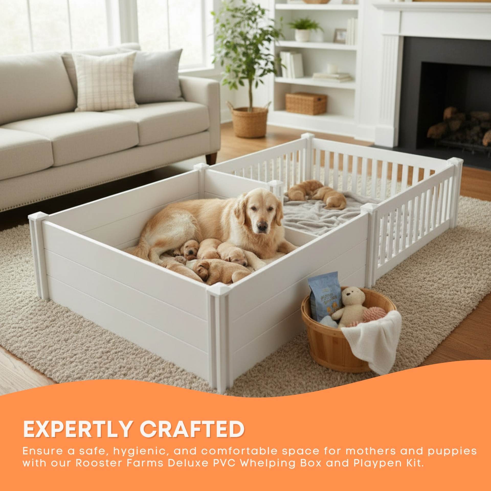 Rooster Farms 2.3m x 1.15m PVC Dog Whelping Box + Playpen Kit - Anti-Crush Rail