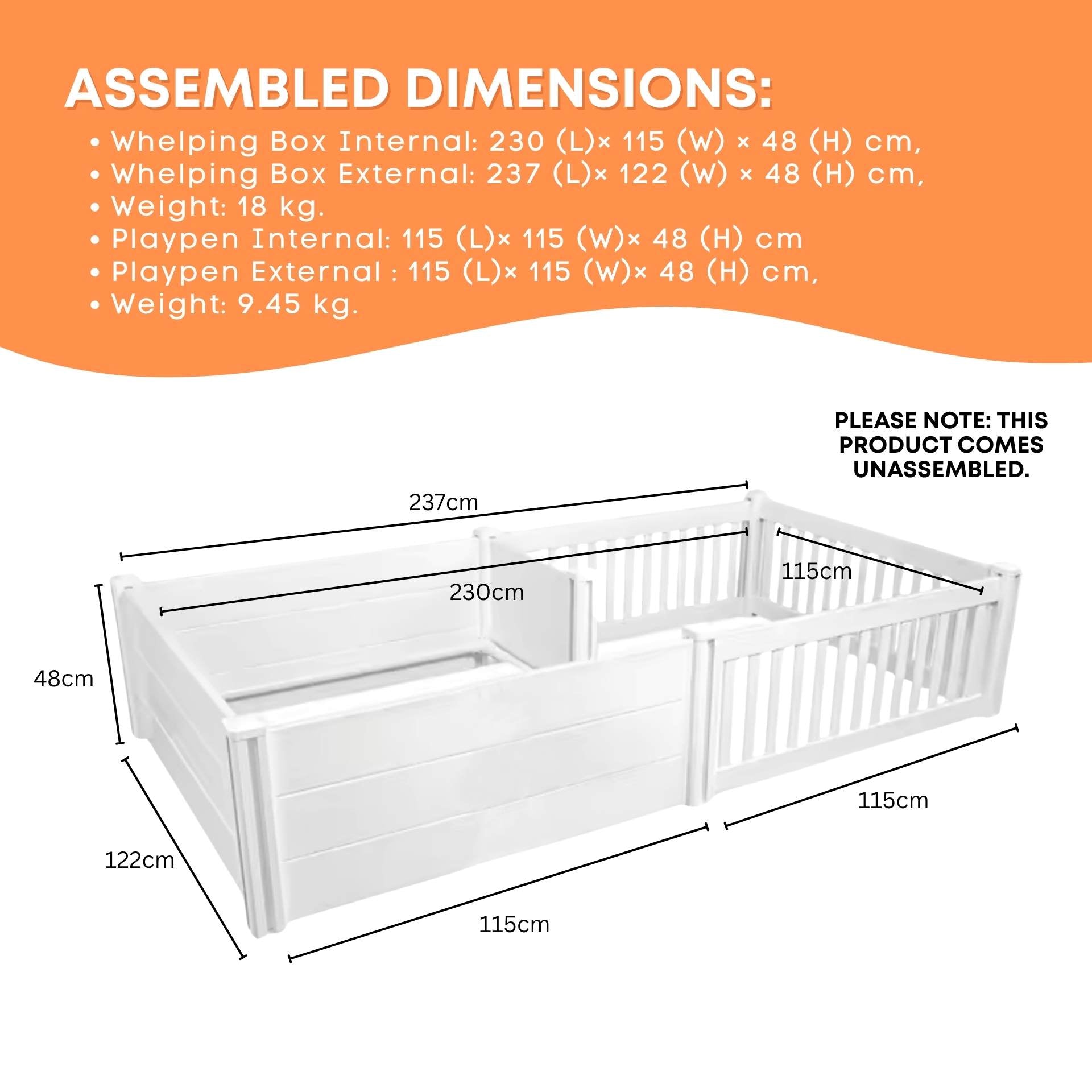 Rooster Farms 2.3m x 1.15m PVC Dog Whelping Box + Playpen Kit - Anti-Crush Rail