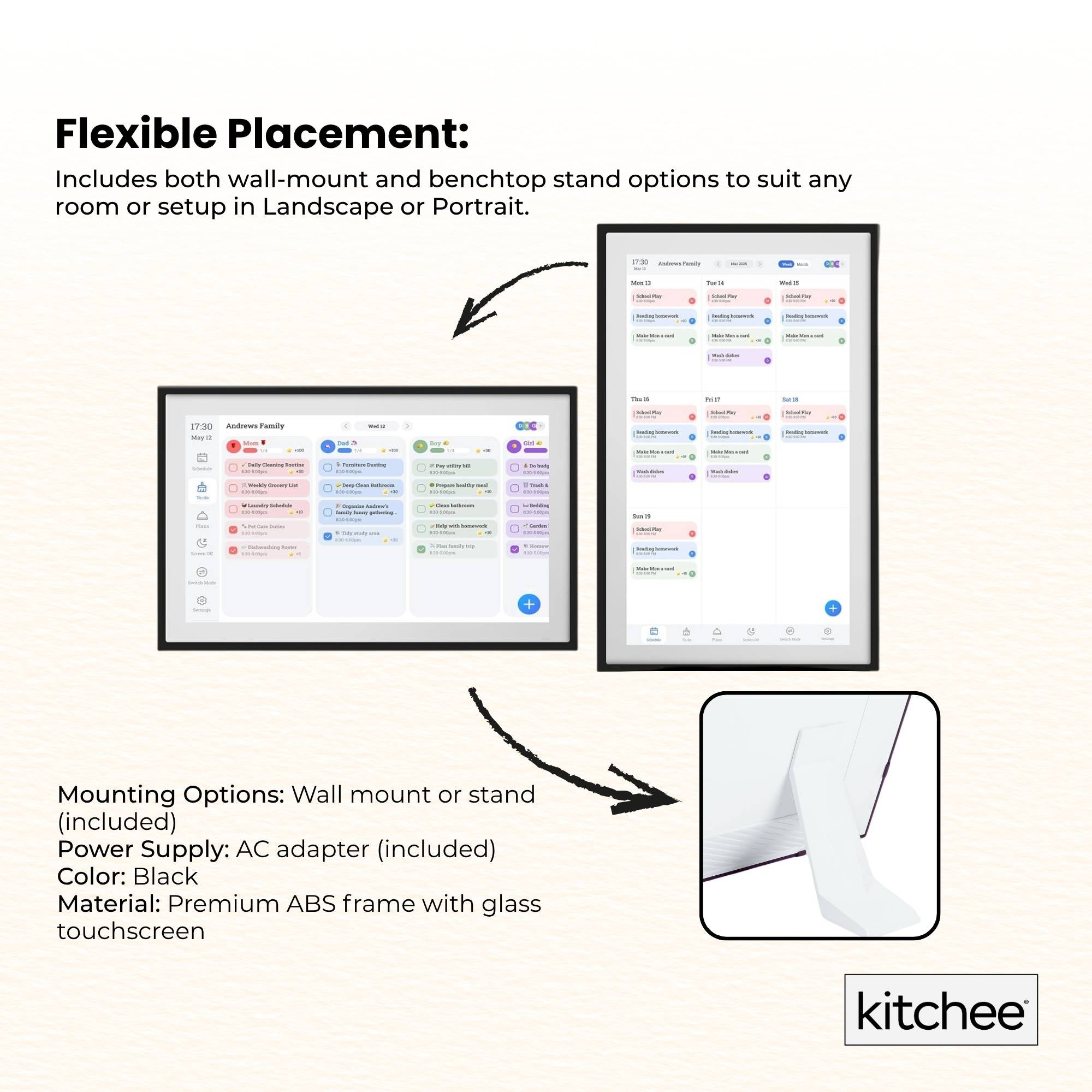 Kitchee 15.6" Digital Calendar Smart Family Planner - 39.5cm Touchscreen Black
