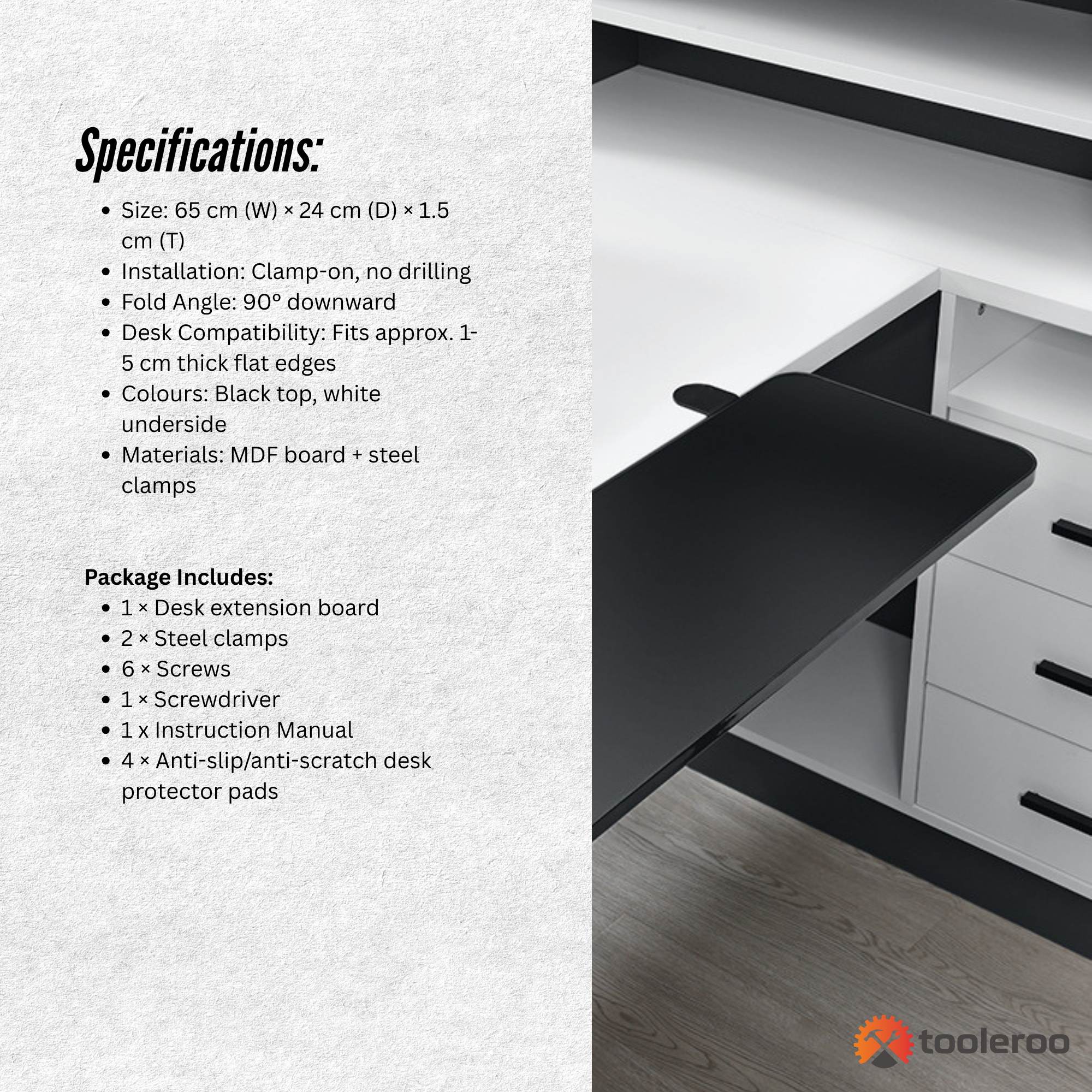 Desk Accessories: Tooleroo Folding Tray Desk Extender - Clamp-On Table Extension Shelf Black