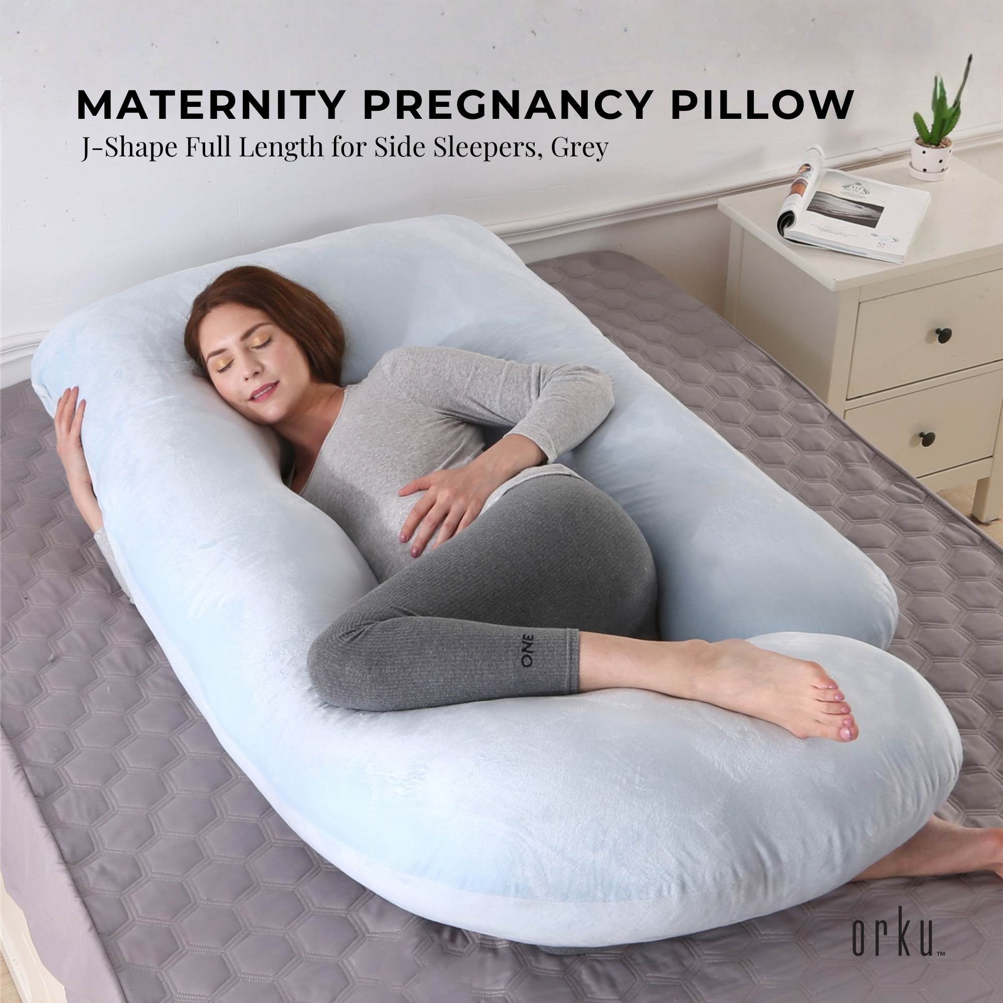 Pillows: Orku Maternity Pregnancy Pillow - J-Shape Full Length for Side Sleepers Grey