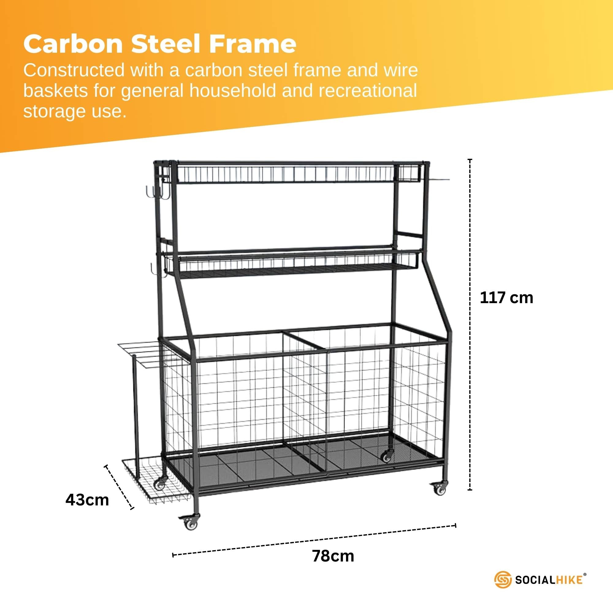 Social Hike Sports Equipment Storage Organiser and Side Rack Garage Trolley