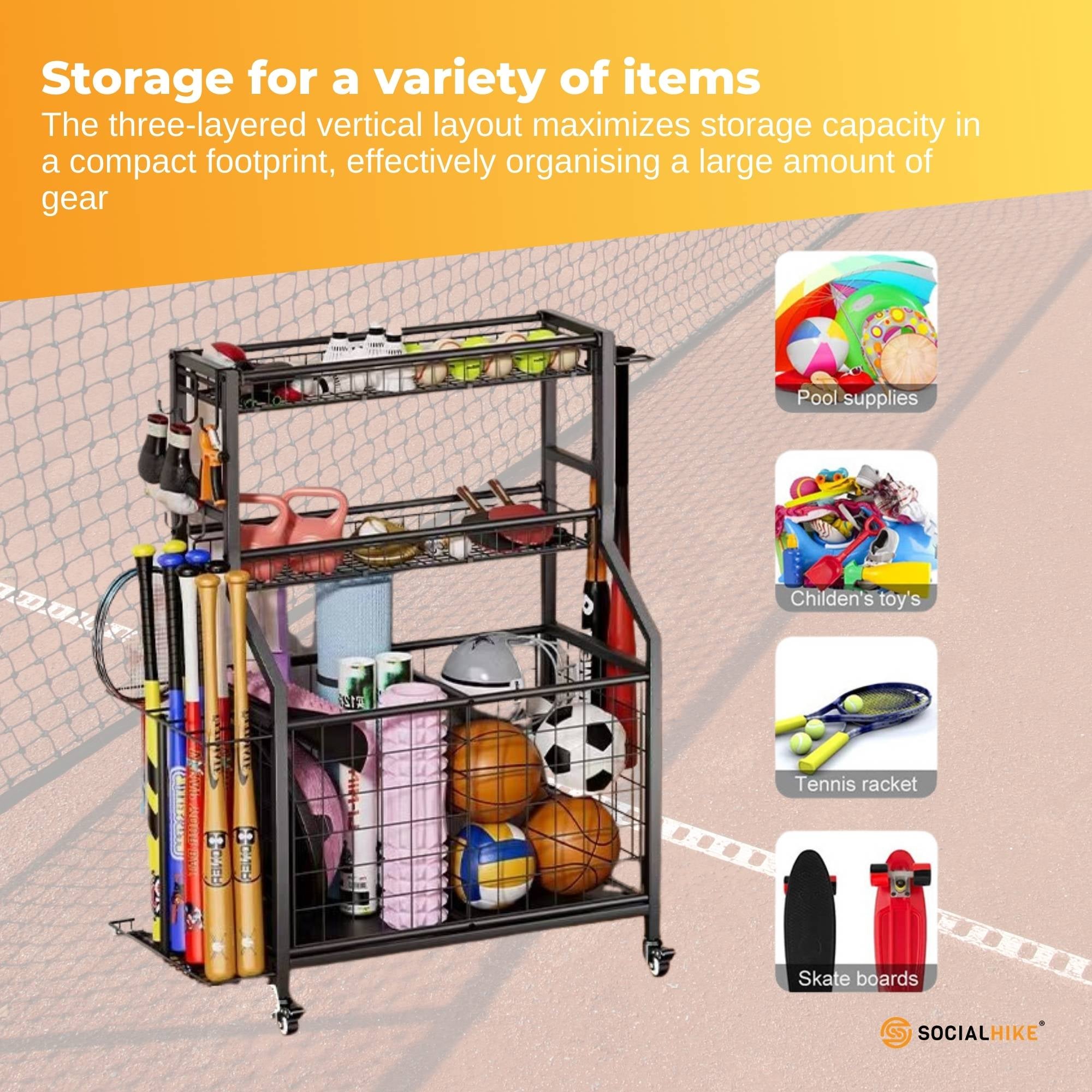 Social Hike Sports Equipment Storage Organiser and Side Rack Garage Trolley