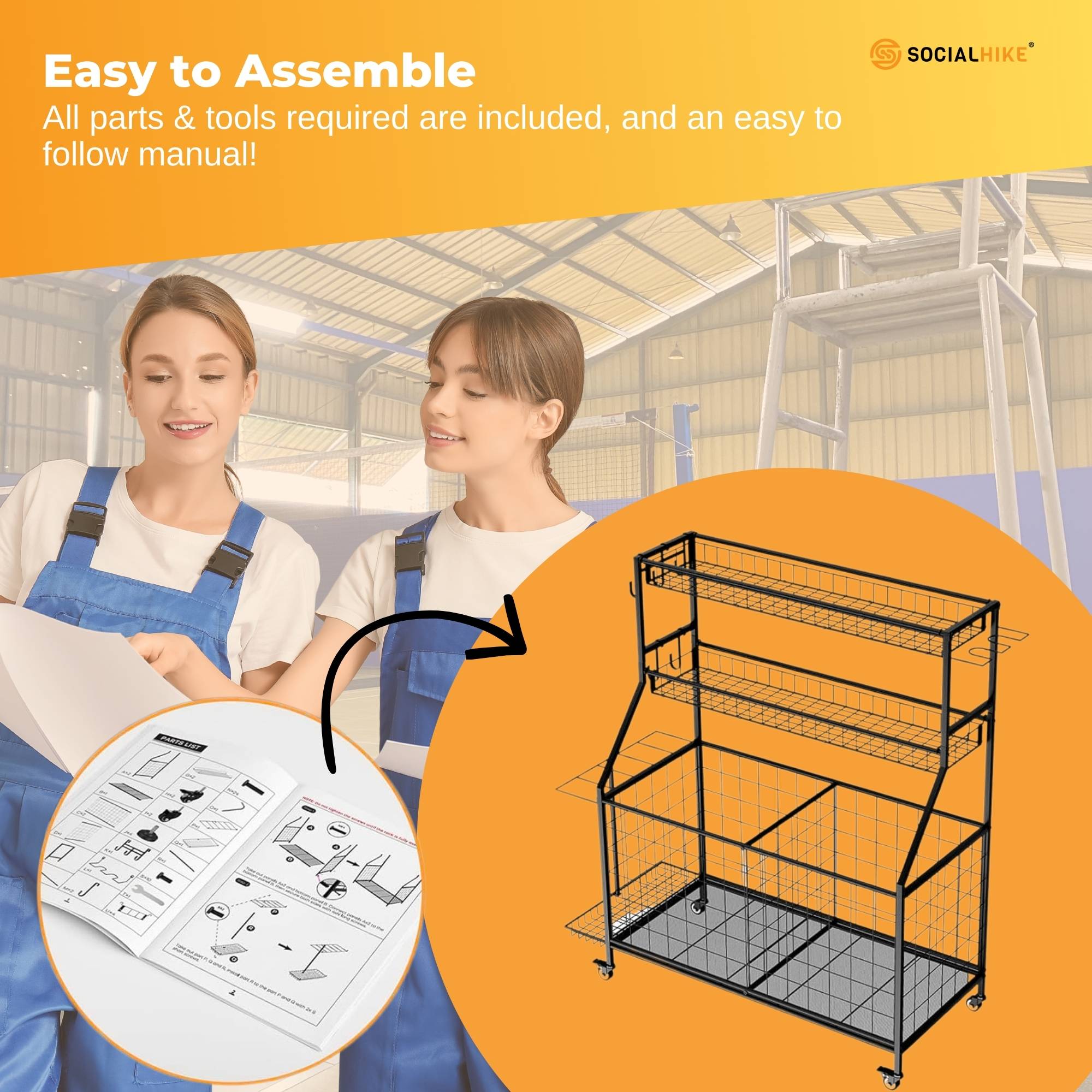 Social Hike Sports Equipment Storage Organiser and Side Rack Garage Trolley