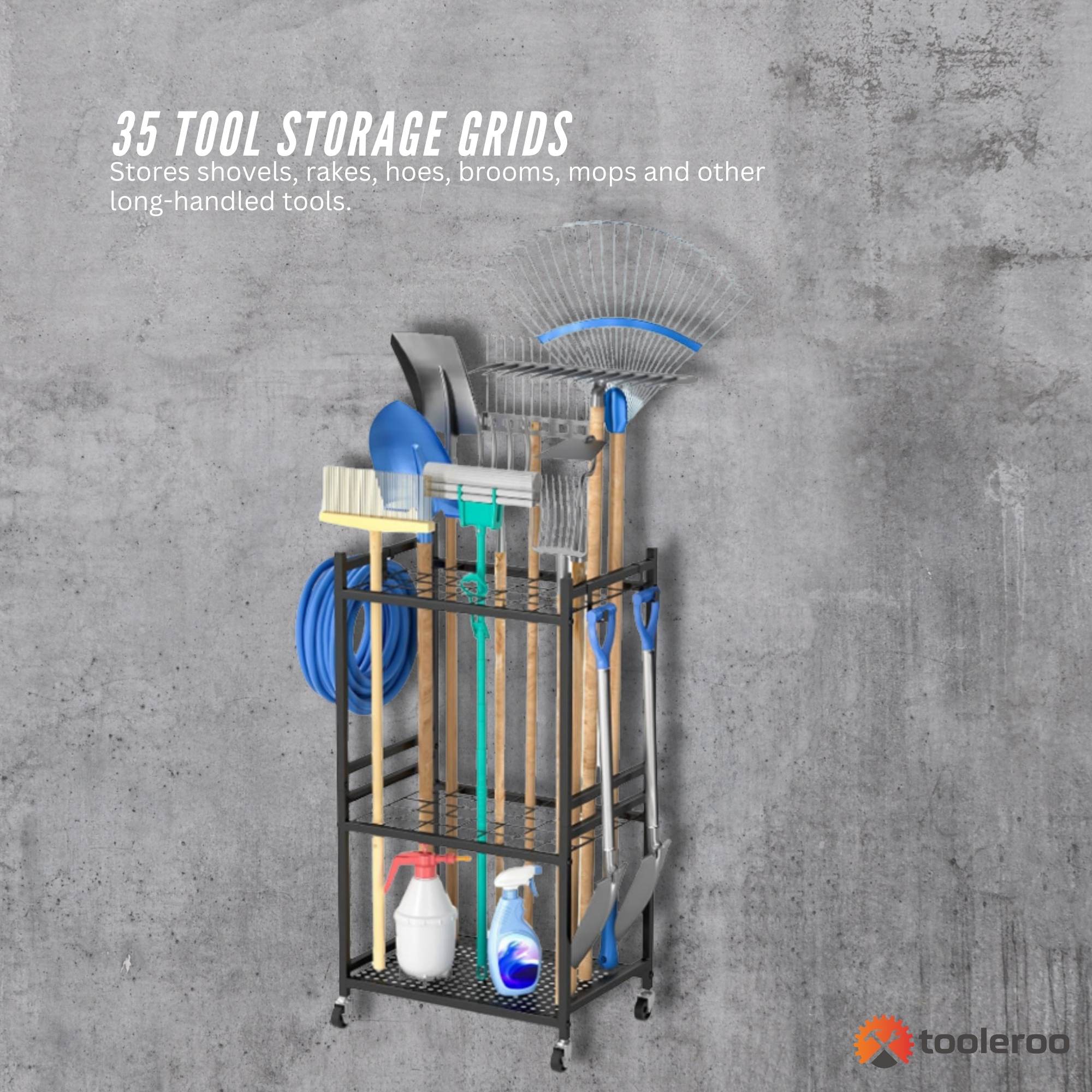Tooleroo Garden Tool Organiser Rack - Rolling Storage Trolley for Yard Garage