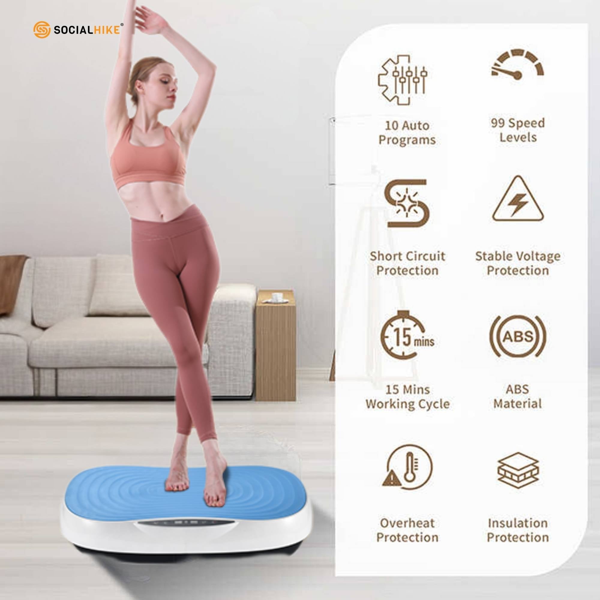 Social Hike 55cm Vibration Plate Machine Full Body Exercise Platform 200W Blue