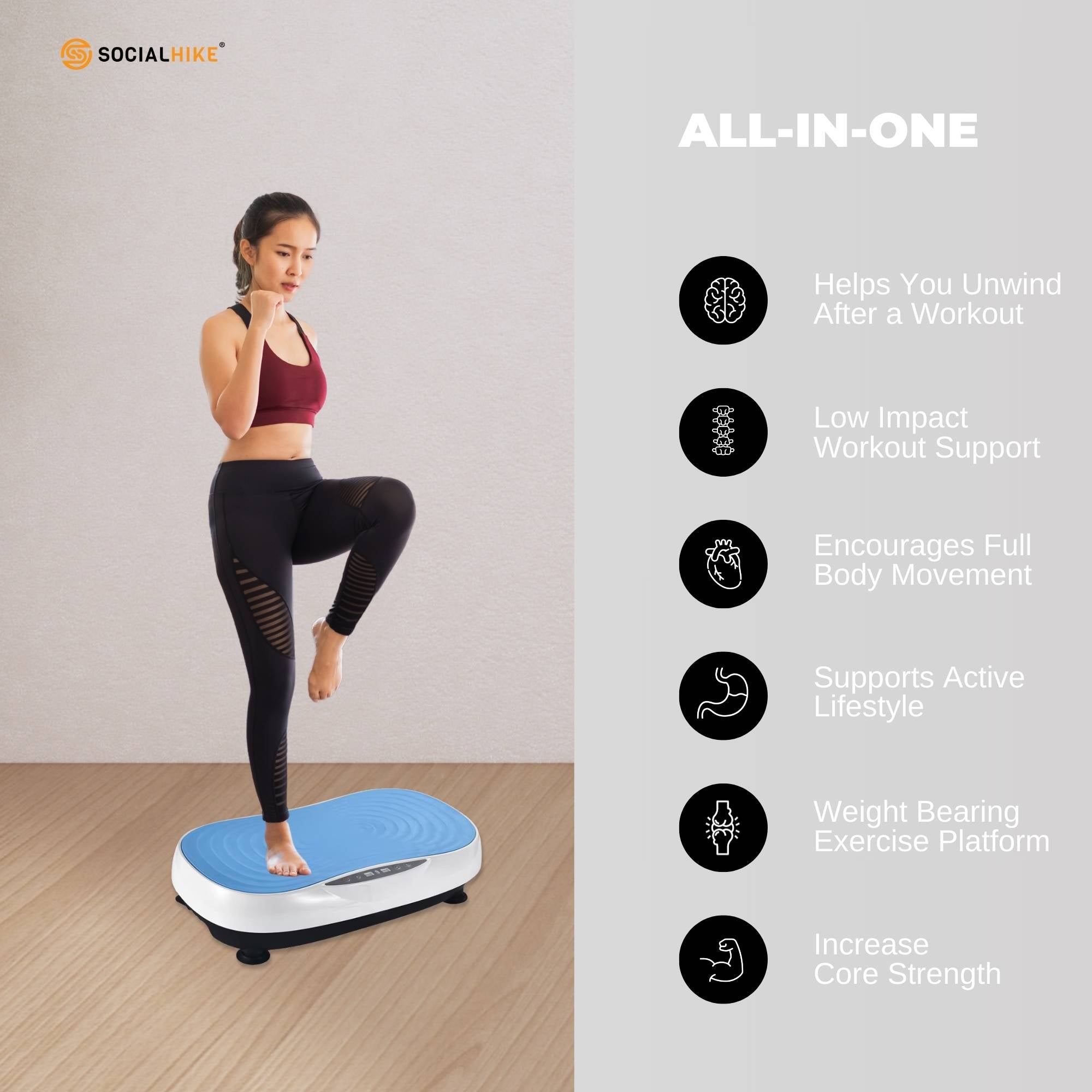 Social Hike 55cm Vibration Plate Machine Full Body Exercise Platform 200W Blue