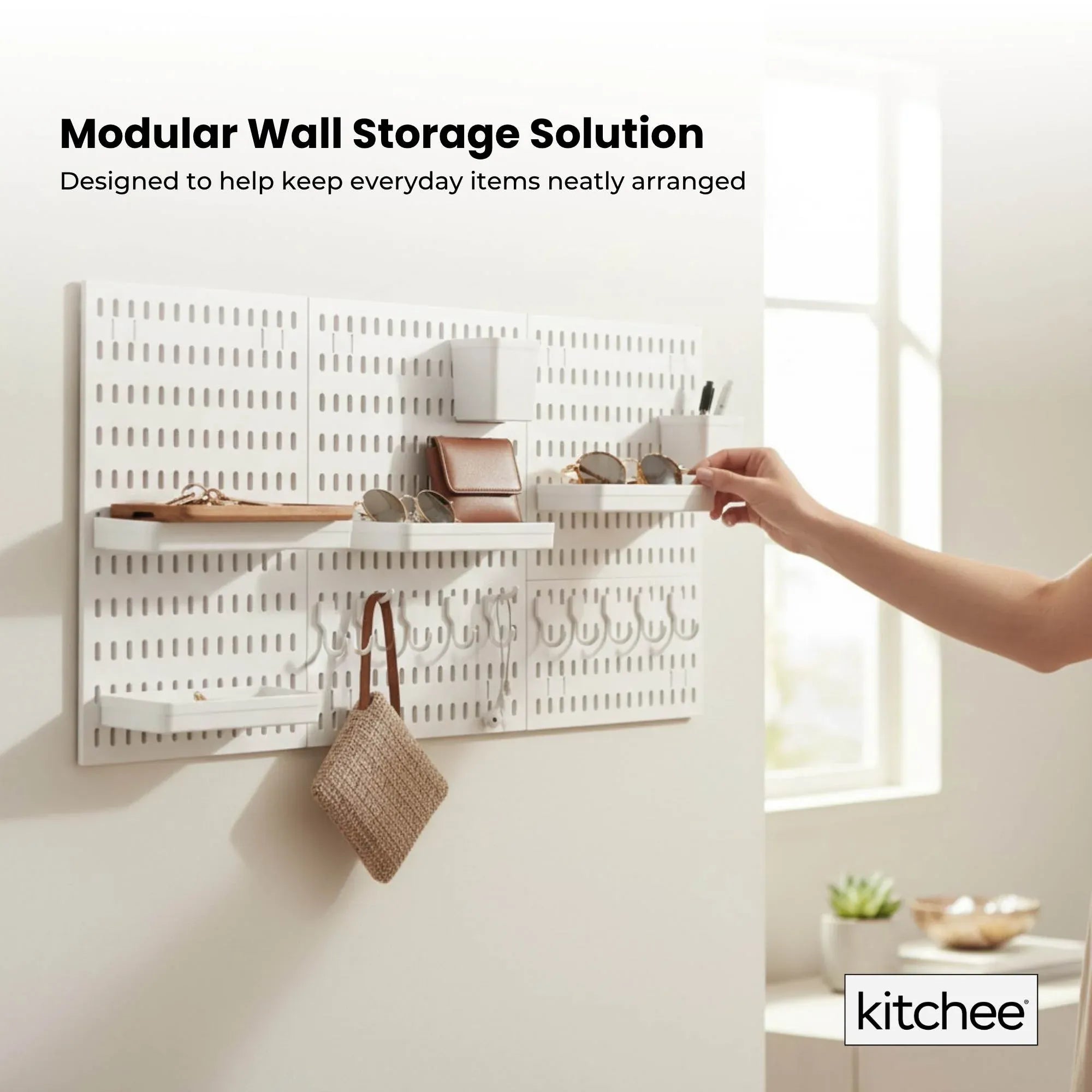 Kitchee Pegboard Wall Organiser Storage Kit 18 with Hooks and Baskets White