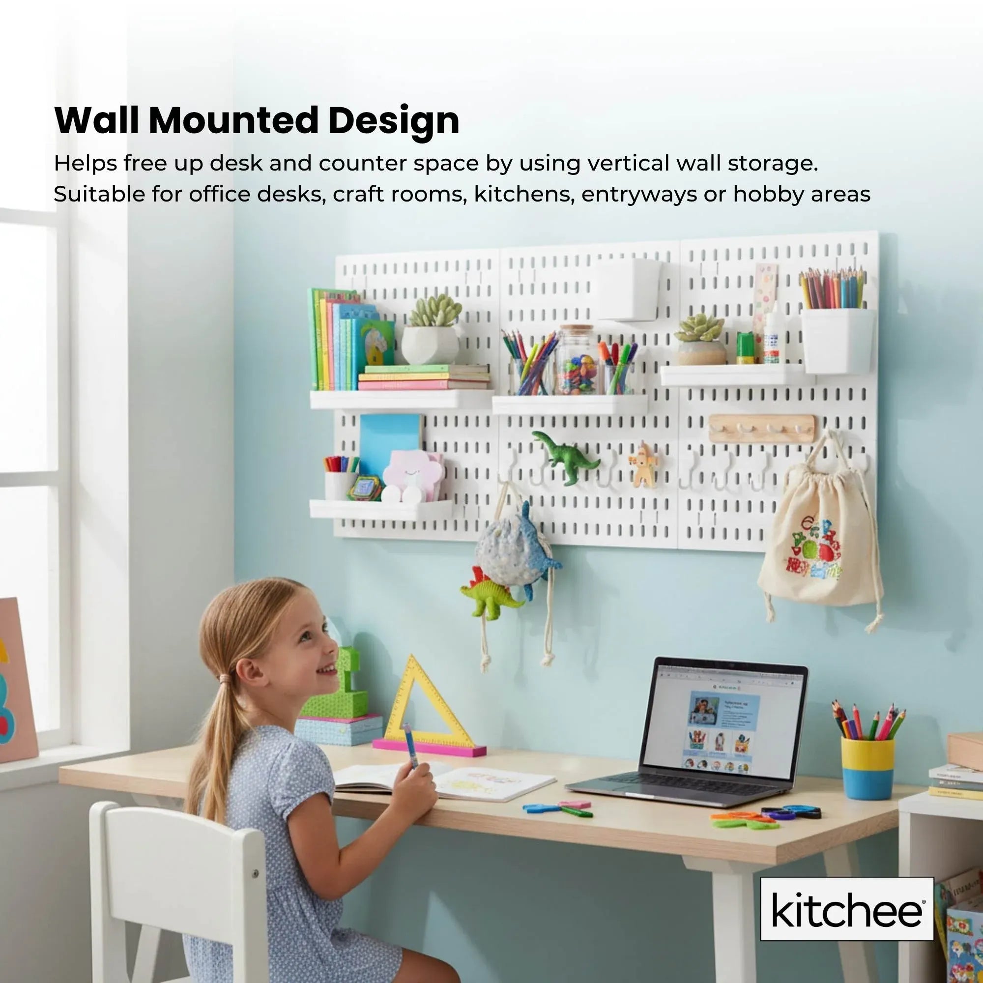 Kitchee Pegboard Wall Organiser Storage Kit 18 with Hooks and Baskets White