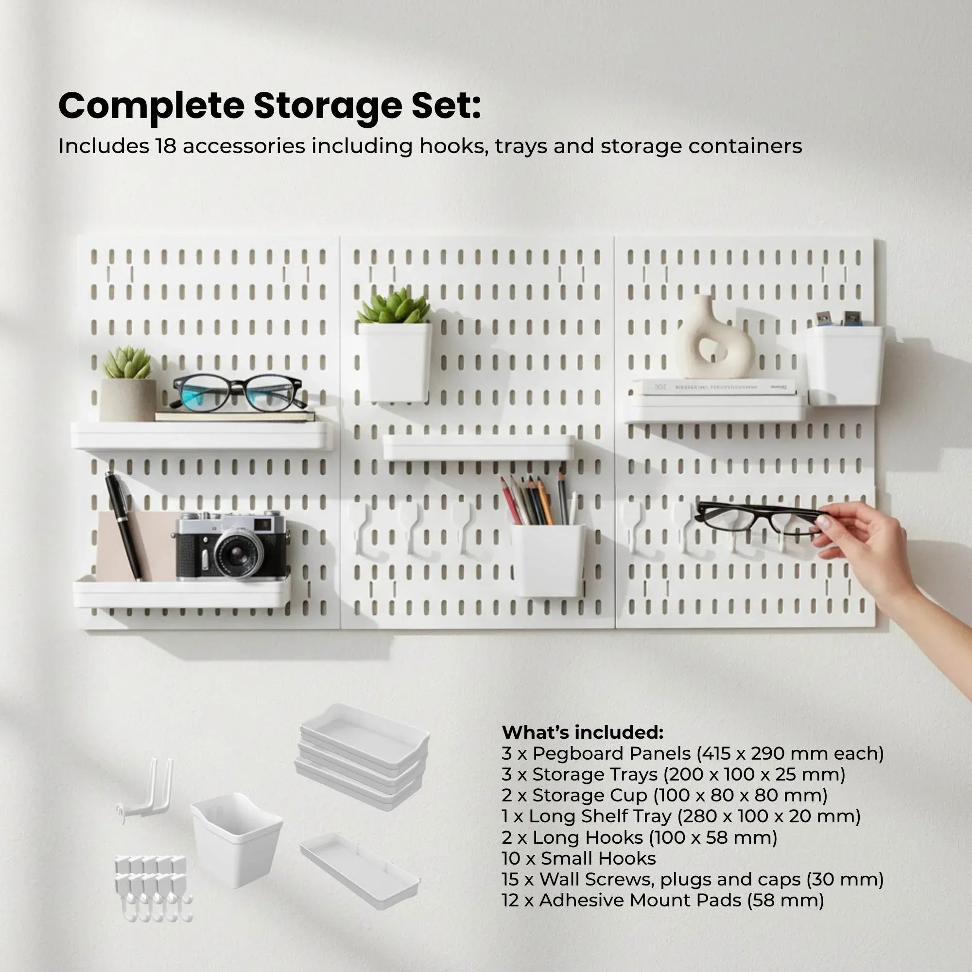 Kitchee Pegboard Wall Organiser Storage Kit 18 with Hooks and Baskets White