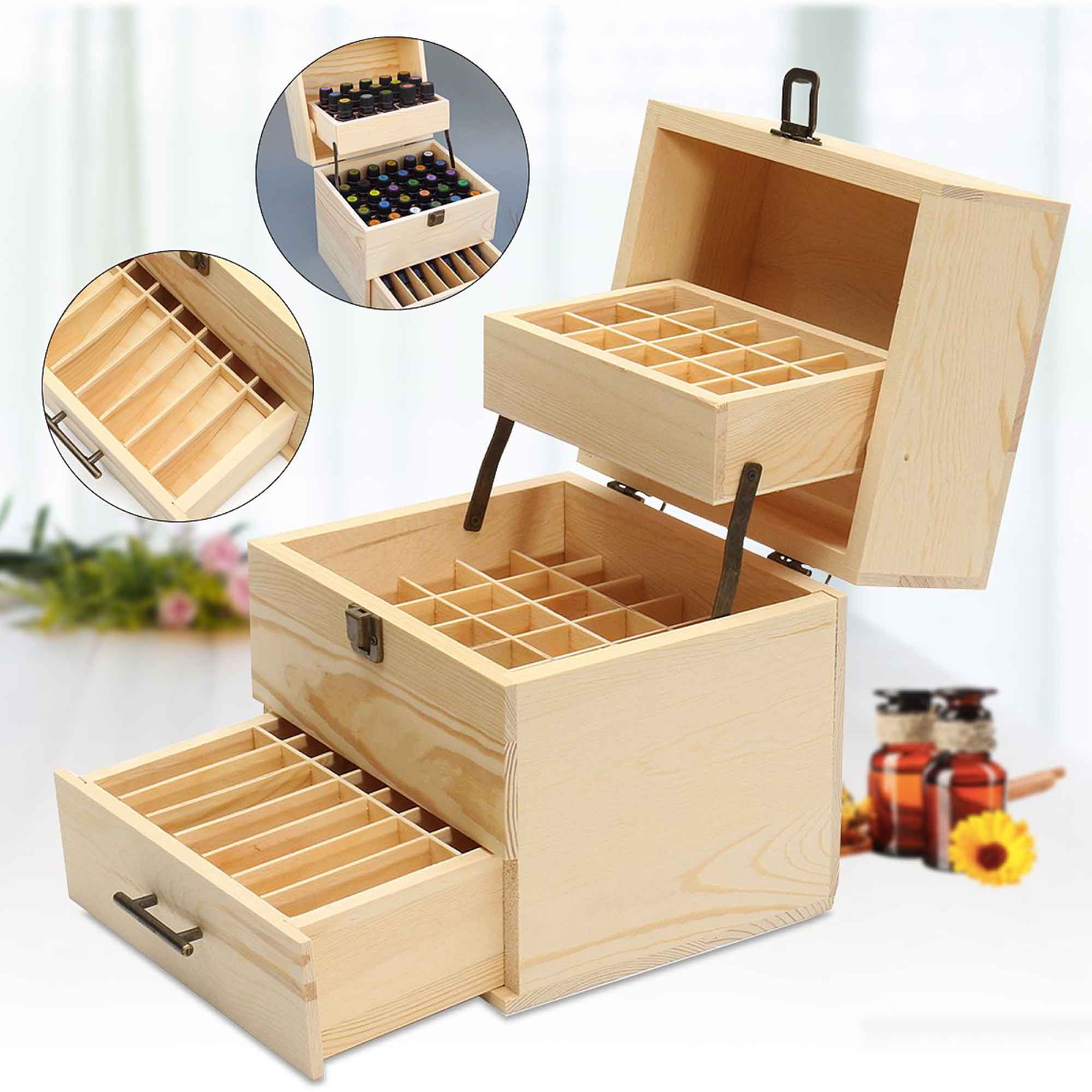 Orku 59 Essential Oil Bottle Storage Box - Wooden 3 Tier Aromatherapy Organiser