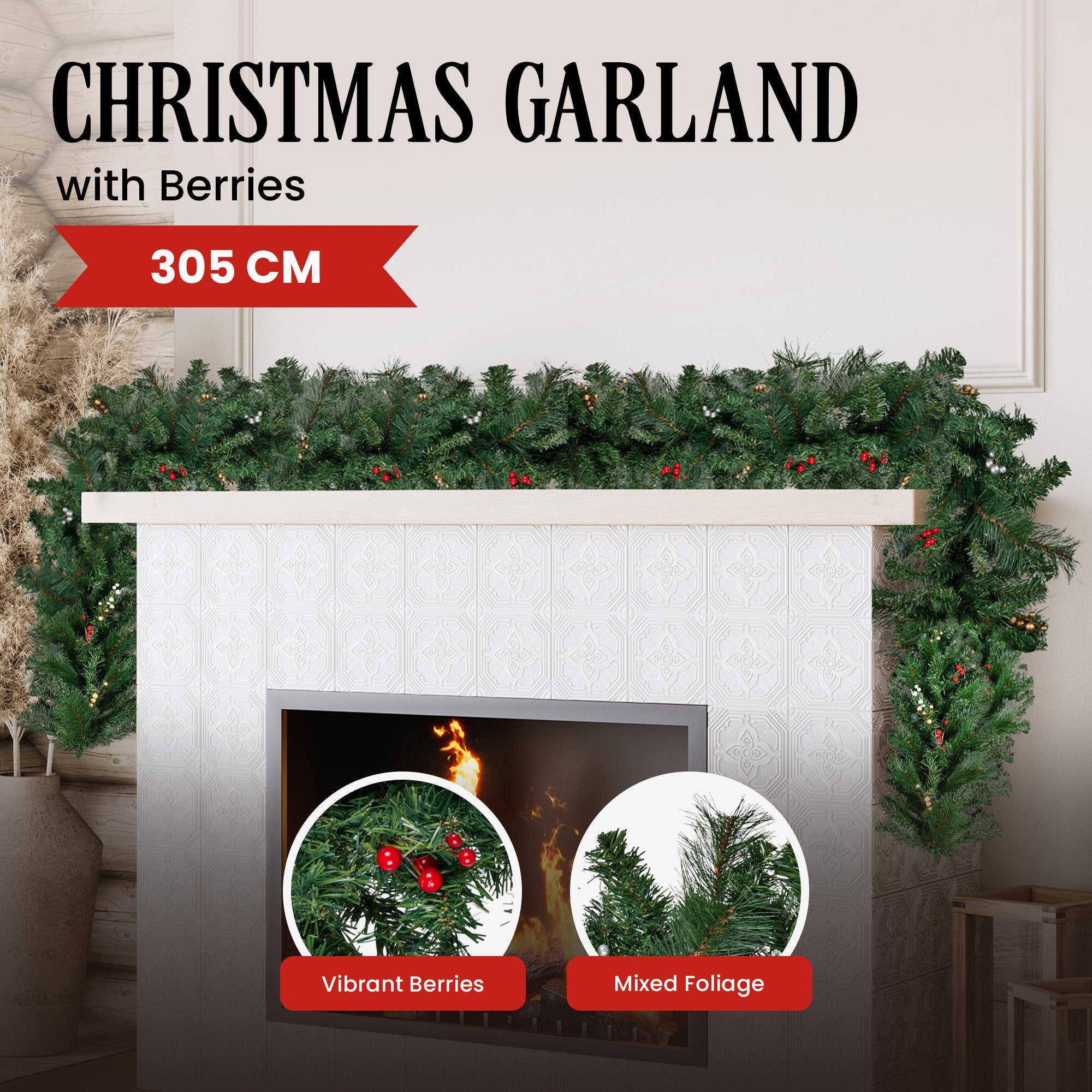 Christmas Trees: Christabelle 3.05m Christmas Garland with Berries Pine Tree Decoration Ornament