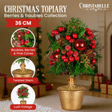 Christmas Decorations: Christabelle 36cm Christmas Tabletop Topiary Tree Pre-Decorated Berries, Baubles & Pine Cones Gold Pot Twisted Stem Festive Decoration