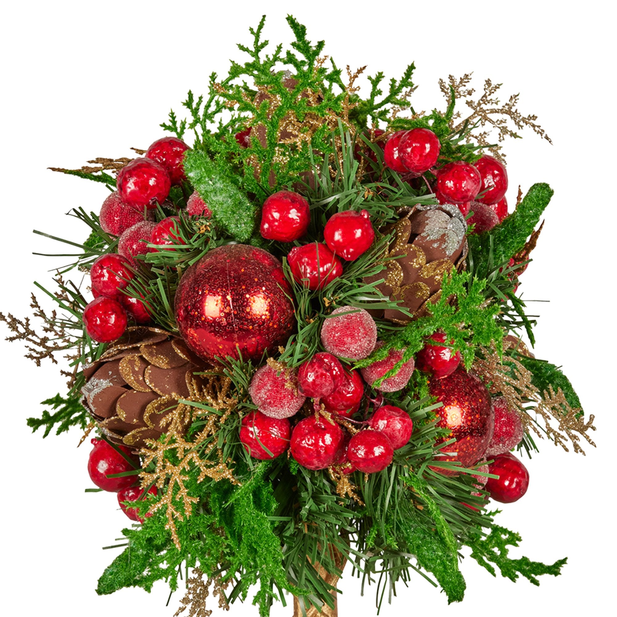 Christabelle 36cm Christmas Tabletop Topiary Tree Pre-Decorated Berries, Baubles & Pine Cones Gold Pot Twisted Stem Festive Decoration