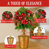 Christmas Decorations: Christabelle 36cm Christmas Tabletop Topiary Tree Pre-Decorated Berries, Baubles & Pine Cones Gold Pot Twisted Stem Festive Decoration