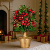 Christmas Decorations: Christabelle 36cm Christmas Tabletop Topiary Tree Pre-Decorated Berries, Baubles & Pine Cones Gold Pot Twisted Stem Festive Decoration
