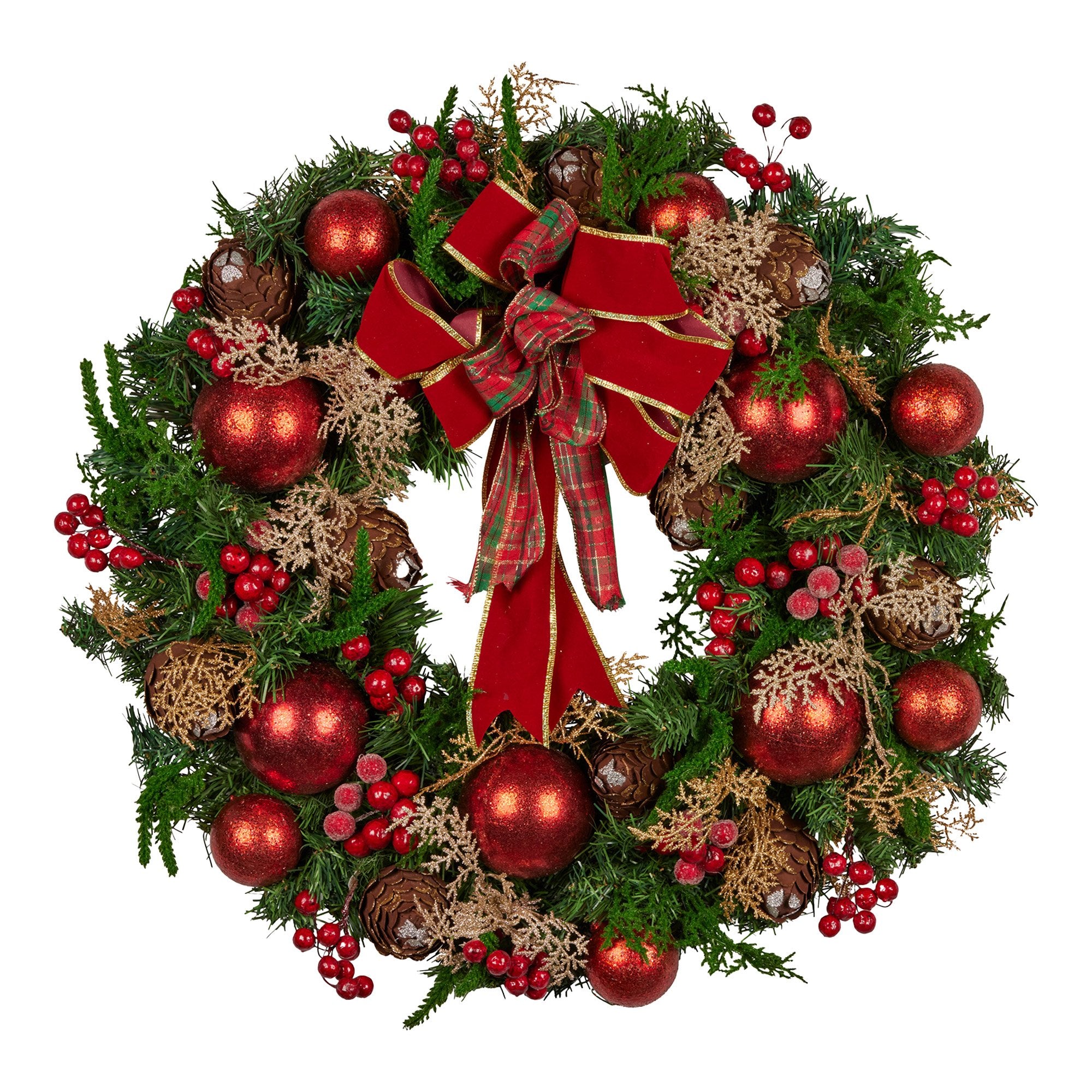 Christmas Wreaths & Garlands: Christabelle 56cm Christmas Wreath Lush Green Holiday Door Wreath with Red Berries, Baubles & Pine Cones Pre-Decorated Festive Wall or Front Door Decoration