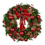 Christmas Wreaths & Garlands: Christabelle 56cm Christmas Wreath Lush Green Holiday Door Wreath with Red Berries, Baubles & Pine Cones Pre-Decorated Festive Wall or Front Door Decoration