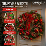 Christmas Wreaths & Garlands: Christabelle 56cm Christmas Wreath Lush Green Holiday Door Wreath with Red Berries, Baubles & Pine Cones Pre-Decorated Festive Wall or Front Door Decoration