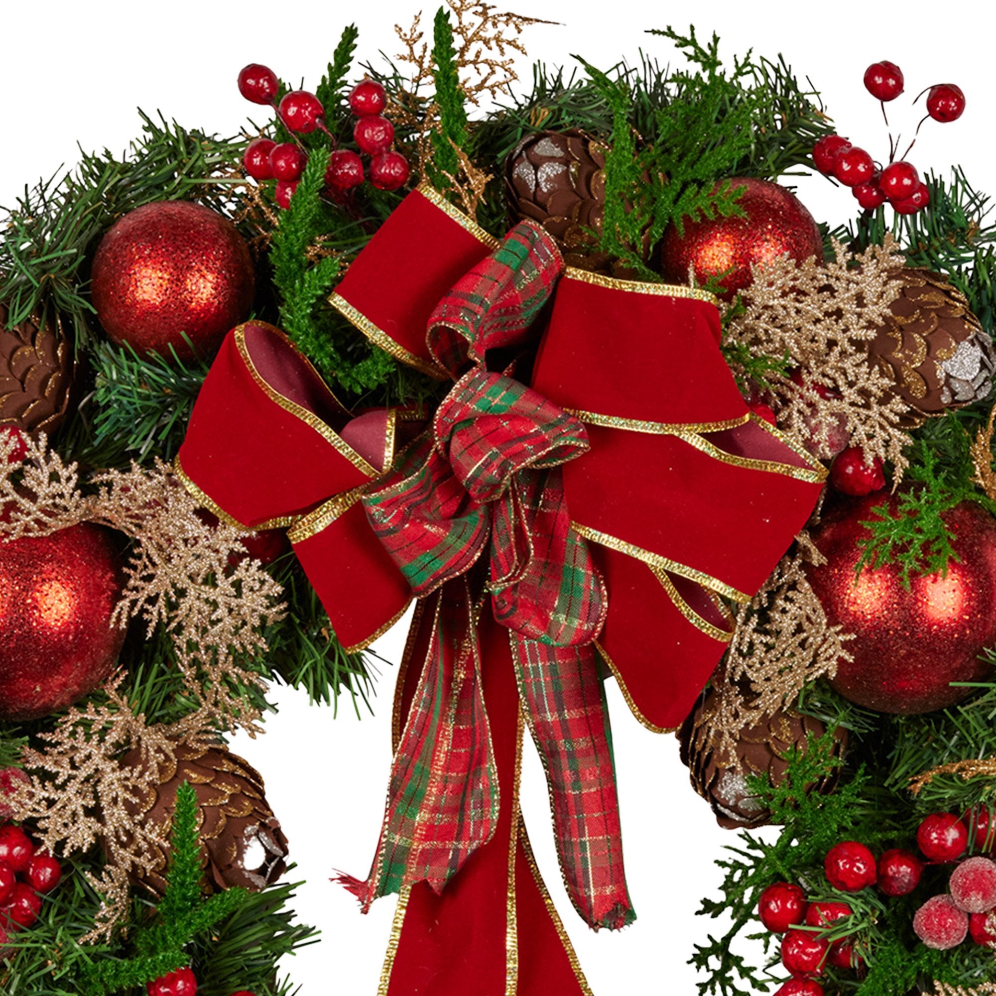 Christmas Wreaths & Garlands: Christabelle 56cm Christmas Wreath Lush Green Holiday Door Wreath with Red Berries, Baubles & Pine Cones Pre-Decorated Festive Wall or Front Door Decoration