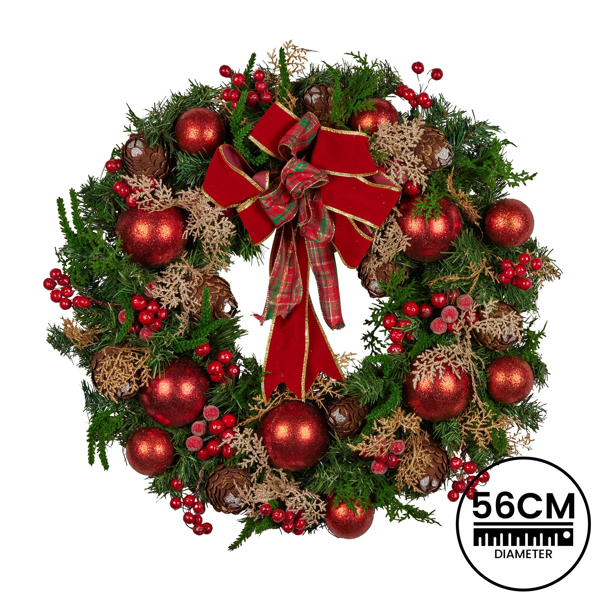 Christmas Wreaths & Garlands: Christabelle 56cm Christmas Wreath Lush Green Holiday Door Wreath with Red Berries, Baubles & Pine Cones Pre-Decorated Festive Wall or Front Door Decoration
