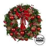 Christmas Wreaths & Garlands: Christabelle 56cm Christmas Wreath Lush Green Holiday Door Wreath with Red Berries, Baubles & Pine Cones Pre-Decorated Festive Wall or Front Door Decoration
