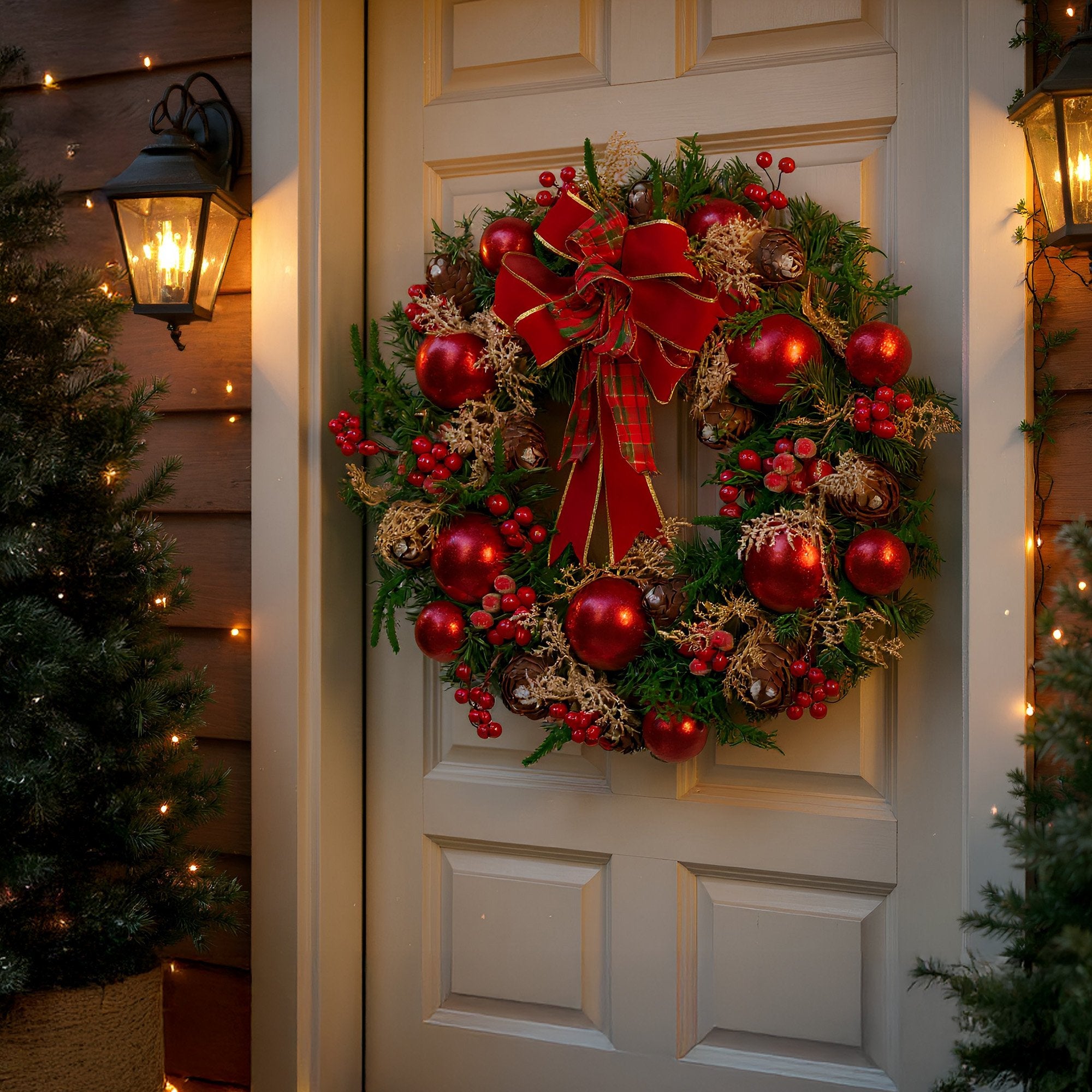 Christmas Wreaths & Garlands: Christabelle 56cm Christmas Wreath Lush Green Holiday Door Wreath with Red Berries, Baubles & Pine Cones Pre-Decorated Festive Wall or Front Door Decoration