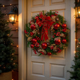 Christmas Wreaths & Garlands: Christabelle 56cm Christmas Wreath Lush Green Holiday Door Wreath with Red Berries, Baubles & Pine Cones Pre-Decorated Festive Wall or Front Door Decoration