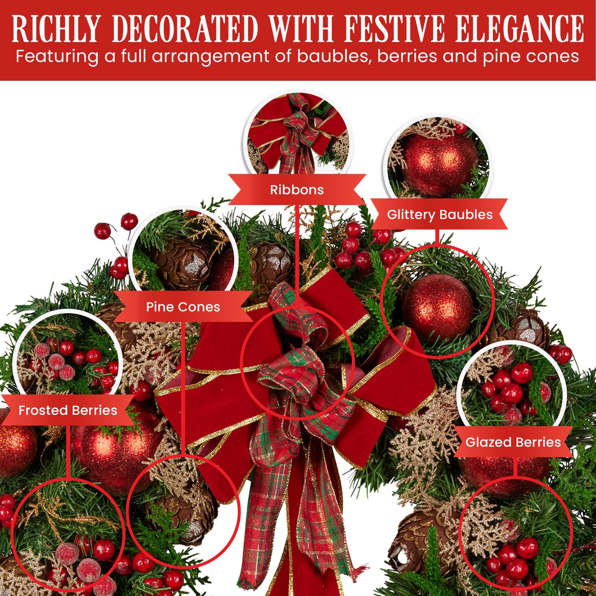 Christmas Wreaths & Garlands: Christabelle 56cm Christmas Wreath Lush Green Holiday Door Wreath with Red Berries, Baubles & Pine Cones Pre-Decorated Festive Wall or Front Door Decoration