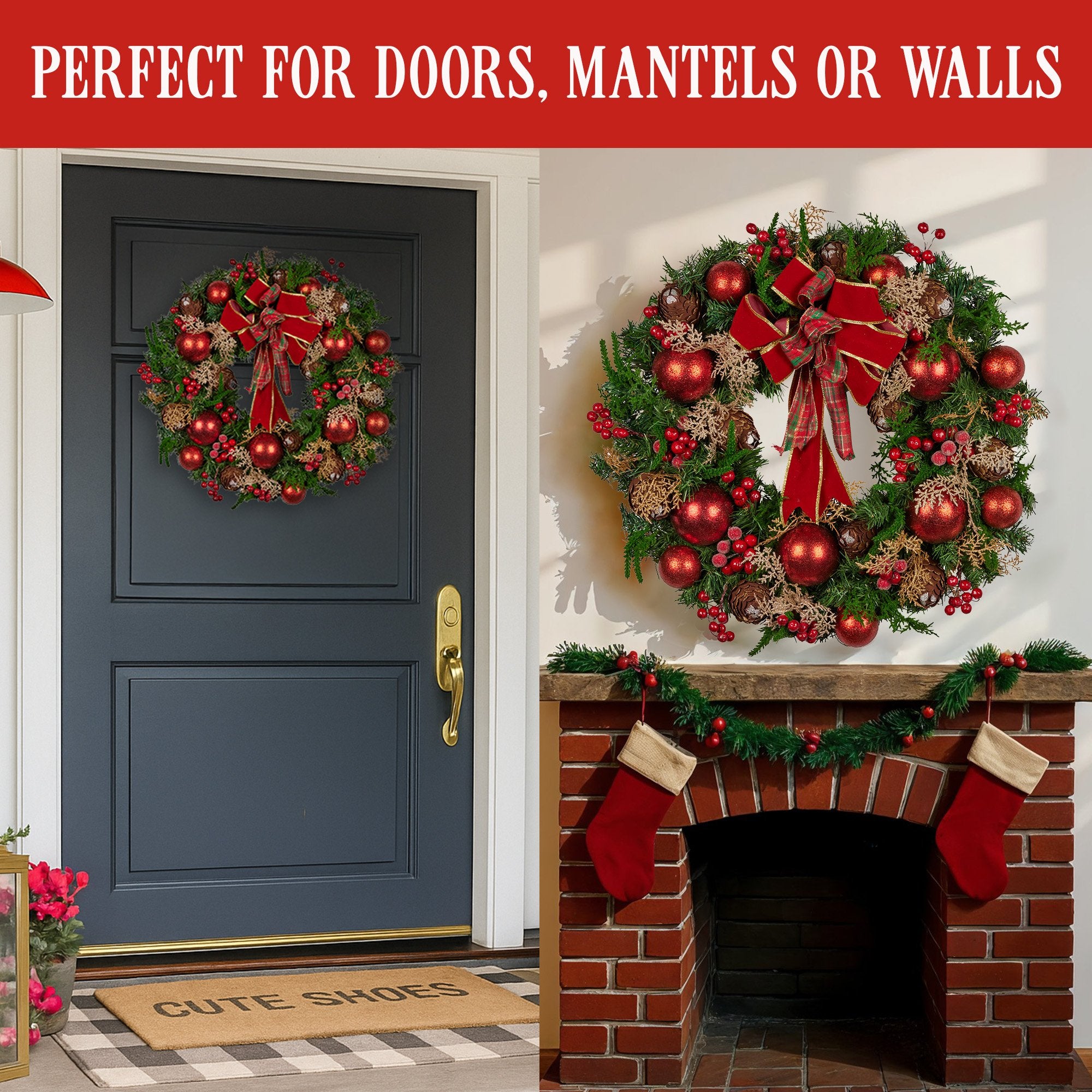 Christmas Wreaths & Garlands: Christabelle 56cm Christmas Wreath Lush Green Holiday Door Wreath with Red Berries, Baubles & Pine Cones Pre-Decorated Festive Wall or Front Door Decoration